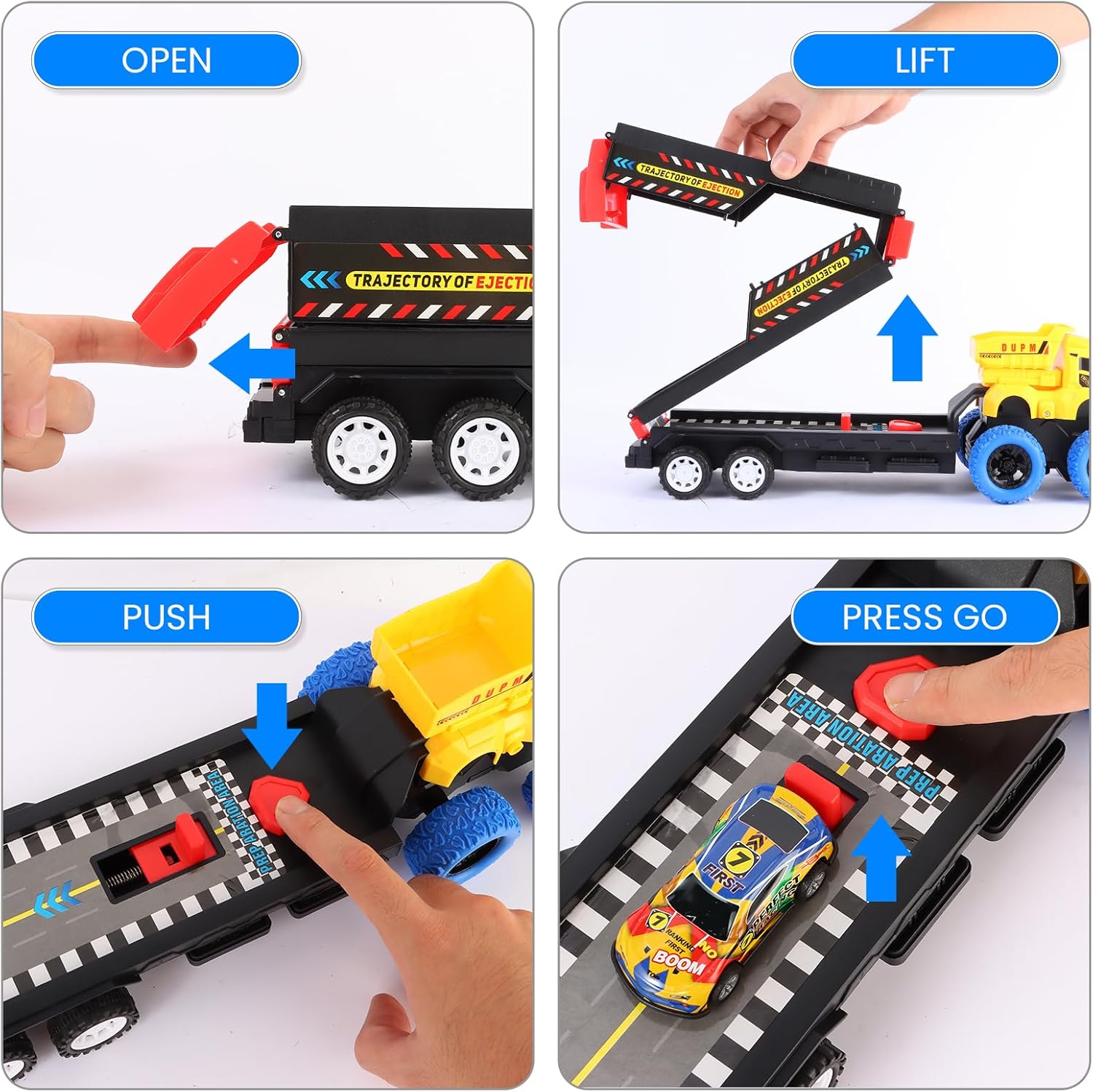 Cement Tank Truck Racer for Boys Ages 3-6. Features a 3-Tier Foldable Racetrack Toy Set with 12 High-Speed Metal Pull-Back Cars for Two-Player Racing. Perfect for Birthdays and Holidays.