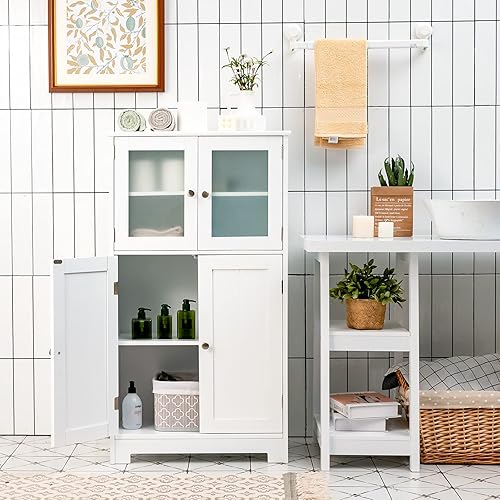 Miniatura 8 de Giantex Armario de almacenamiento con puertas Armario de piso de baño, armario alto independiente con 2 puertas de vidrio templado, estante