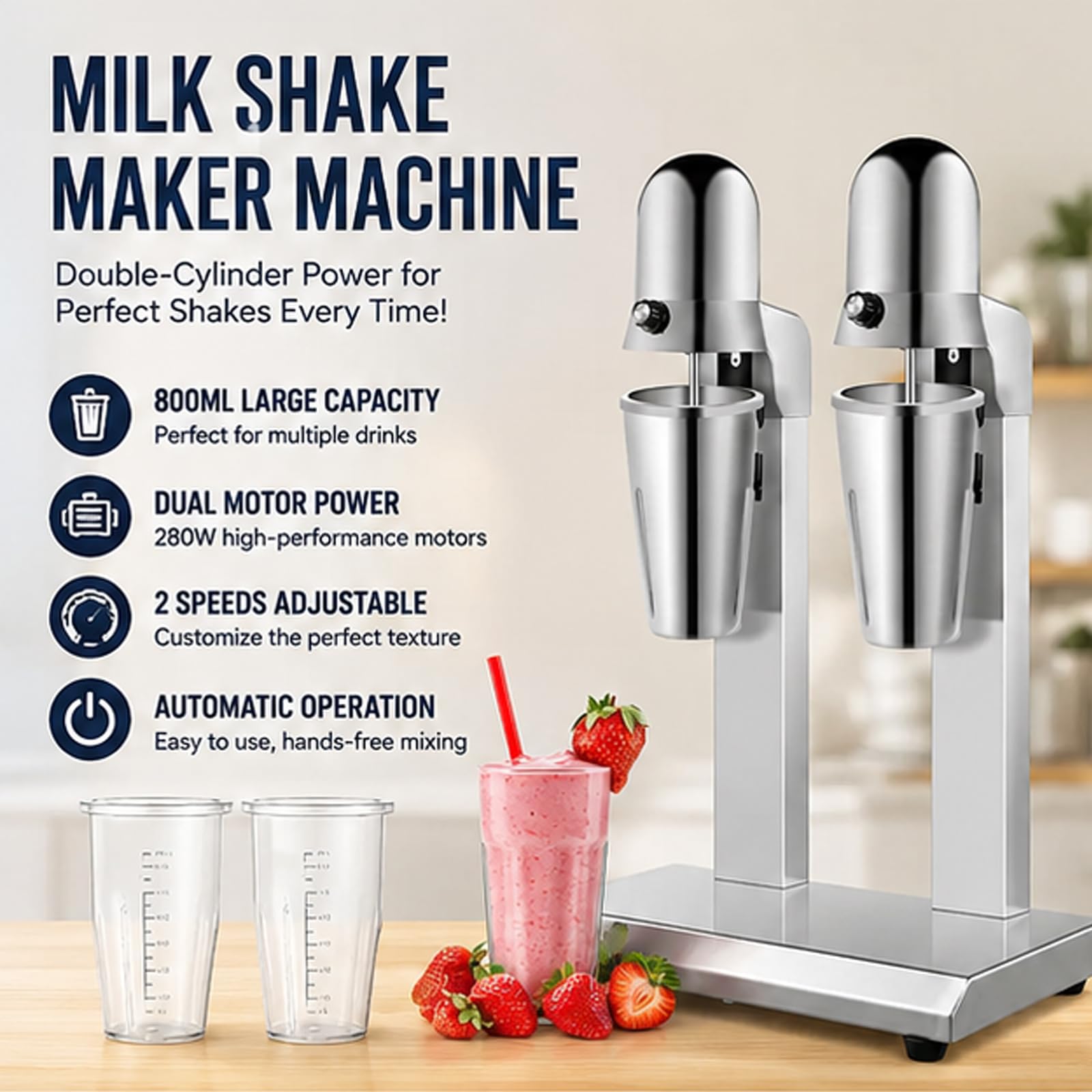 Mikser do koktajli mlecznych z podwójnymi kubkami ze stali nierdzewnej 800 ml, automatyczny blender z podwójną głowicą do smoothie, frappe, koktajli