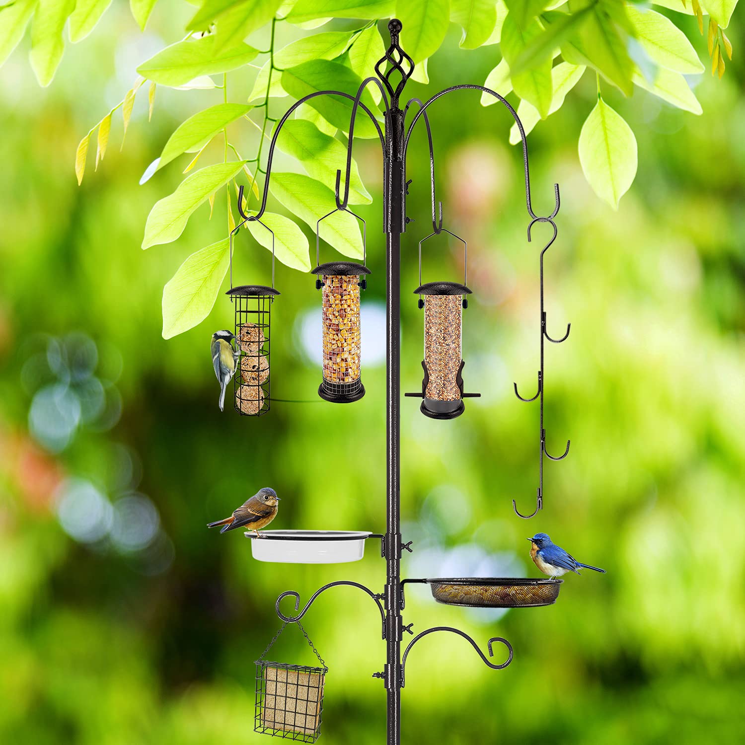 Urban Deco Kit de estación de alimentación para pájaros silvestres, kit de poste de comedero para pájaros, kit colgante múltiple para colgar con comedero de sebo de metal, baño para pájaros para