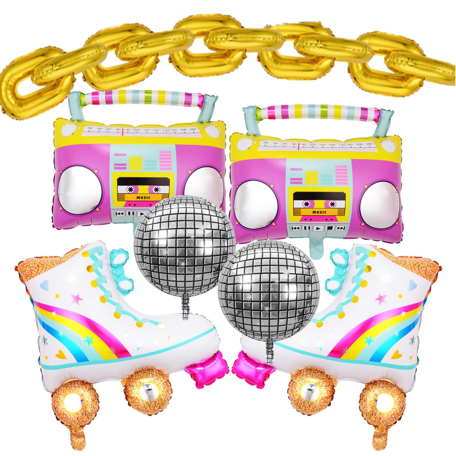 18pcs Roller Skate Balloon Boom Box 80s 90s 22 Inch Disco Foil Balloons Gold Chain Balloons, Rainbow Retro Party Balloon for Party Decorations Wedding Anniversary Hip Hop Theme Party Supplies.