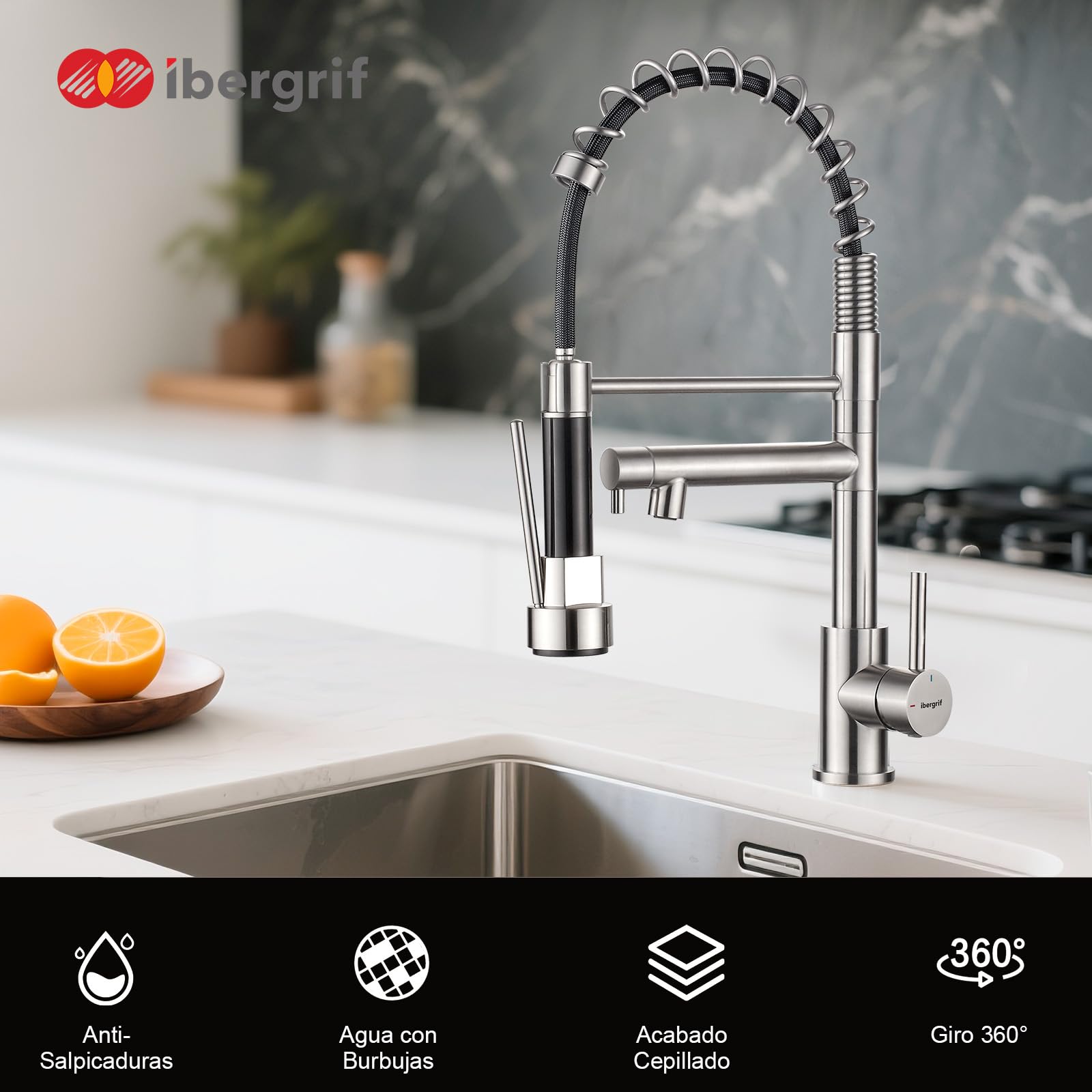 Ibergrif Grifo Profesional Cocina con Ducha Extraíble, Mezclador de Fregadero, Acero Inoxidable