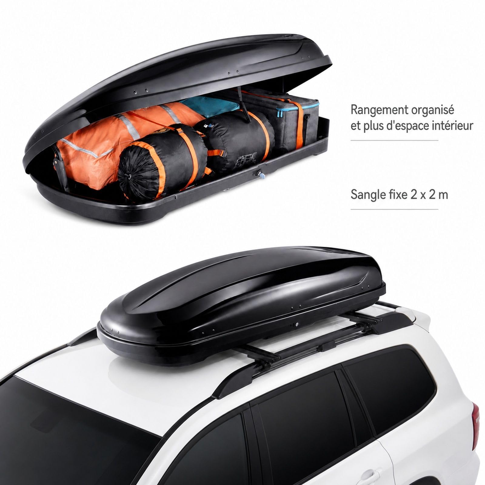 Coffre de Toit 370 L en ABS pour SUV et Voitures, Porte-Bagages de Toit Rigide pour Voyages et Rangement extérieur