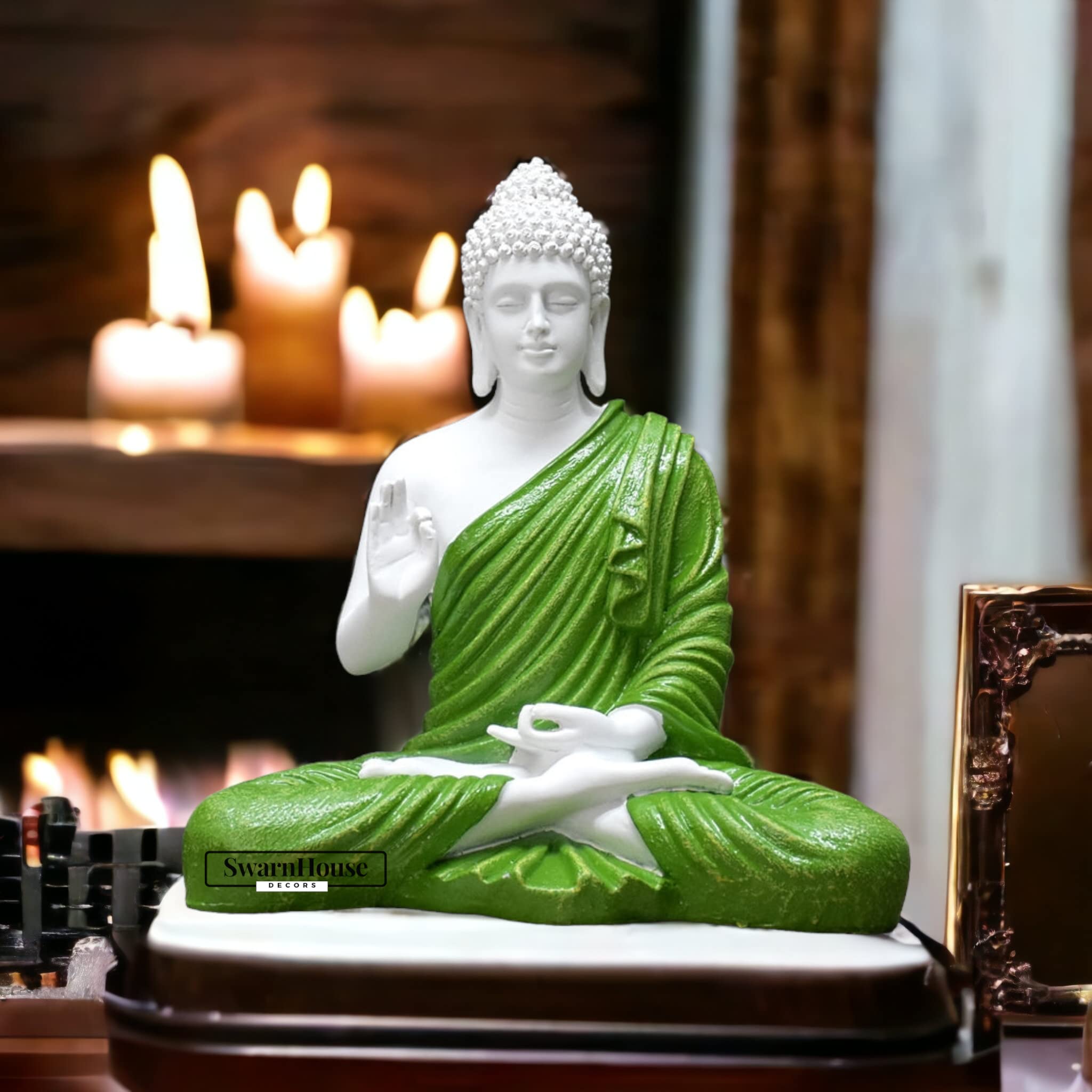 Swarn House Decor's Beautiful Sitting Buddha Idol Statue for Home & Garden Living Room | Healing Spirit Blessing Buddha Statue - 15 Inch Size (Green & White), Idol