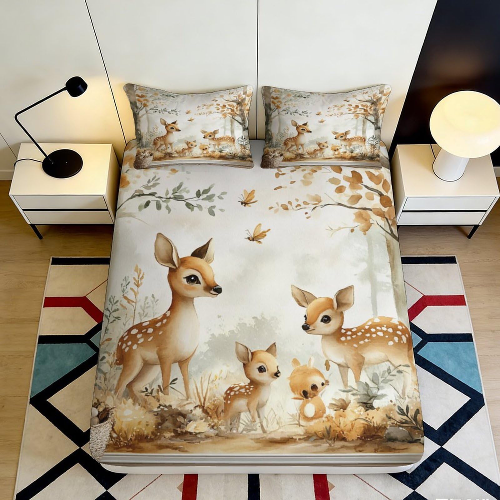 3D Printed Forest Deer Fitted Sheet Microfiber Soft Anti-Slip Woodland Animal Mattress Cover for Bedroom Dorm Decor, Easy Care 120x200x25cm