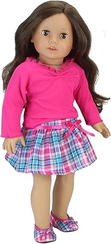 Miniatura 3 de Sophia's Conjunto completo de camisa de manga larga acampanada con bolsillos delanteros y falda plisada a cuadros para muñecas de 18 pulgadas, rosa