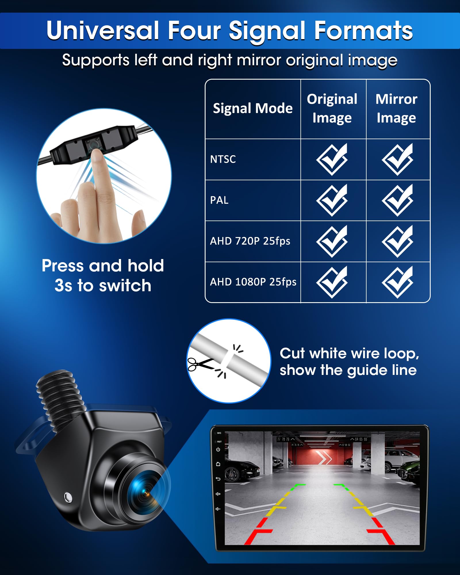 Rückfahrkamera【3 Montagemethoden】 360° Drehbar Rückfahrkamera Auto Unterstützt AHD 1080P/720P/NTSC/PAL Modi Frontkamera/Rückfahrkameras mit Nachtsicht Universal DC 12V-24V für Wohnwagen SUV Wohnmobil