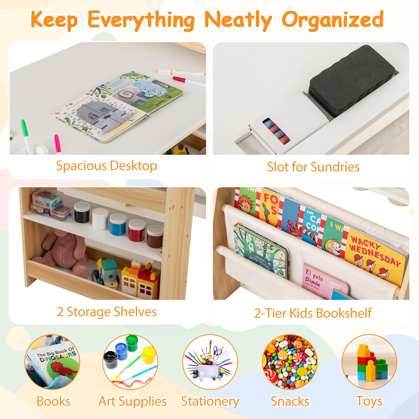 COSTWAY Kindertafel met stoel, kinderzitgroep met bouwblokken en plank, schildertafel, knutseltafel voor kinderen met dinosaurusdesign, kindertafelstoelset voor kinderen vanaf 3 jaar, grijs