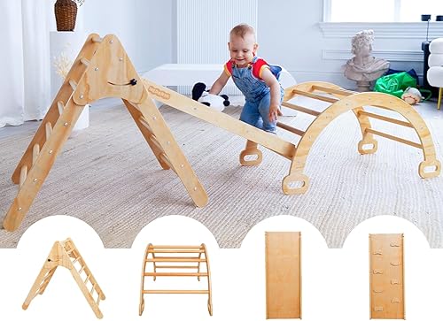 WEDANTA Juguetes de escalada plegables 4 en 1 - Arco de rampa de escalada triangular Pikler - Juego de madera para niños pequeños 3 en 1 - Juego