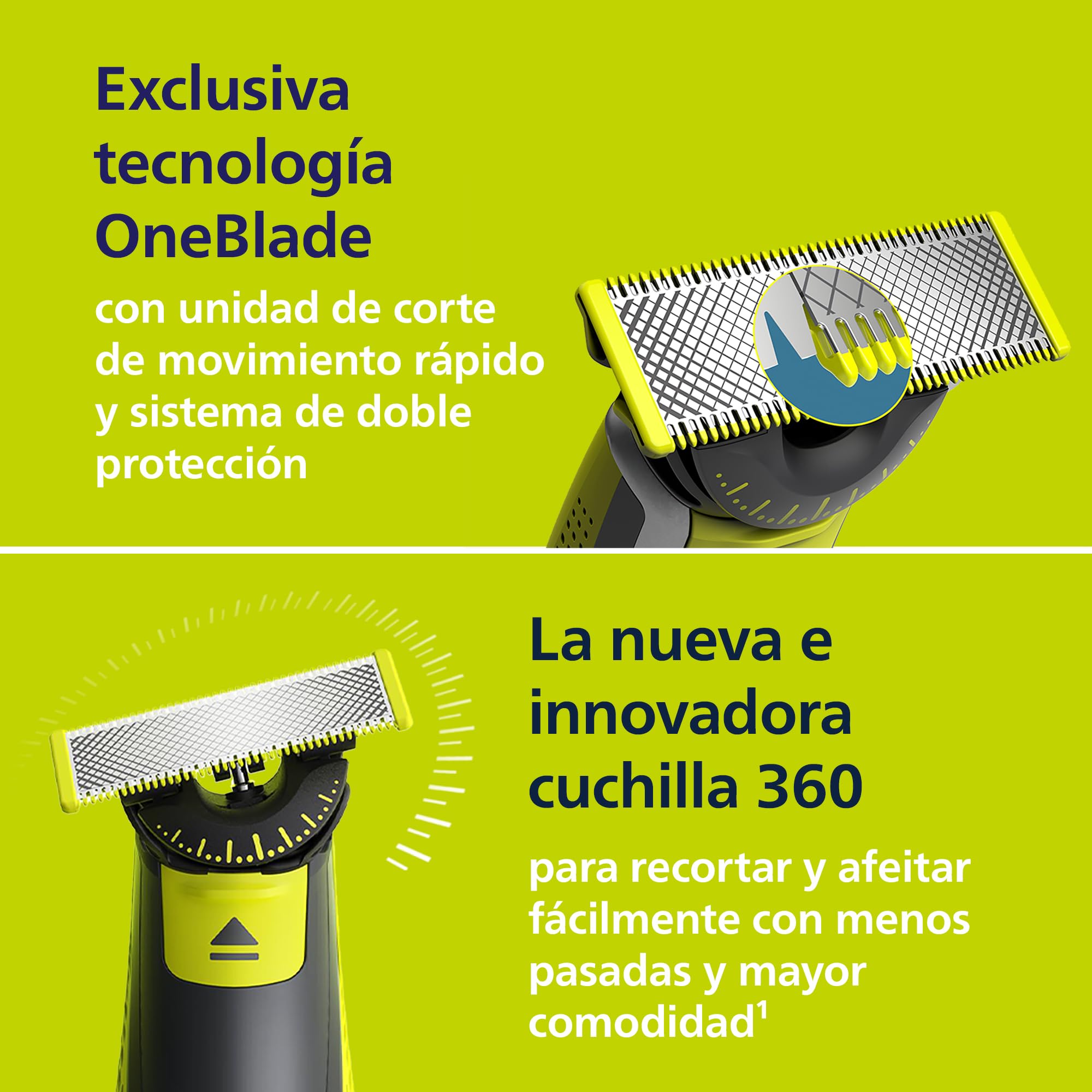 Philips OneBlade 360 Auténtico Recortadora y afeitadora eléctrica para barba, 2 cuchillas 360, 3 peines para barba incipiente (1,3,5 mm), QP2724/31