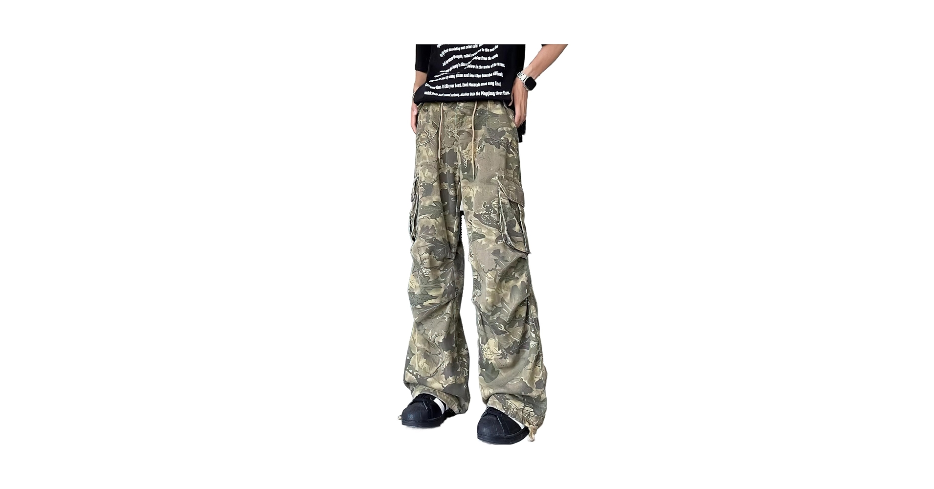 Mens Camo Cargo Jeans Wide Leg Mid Rise Baggy Drawstring