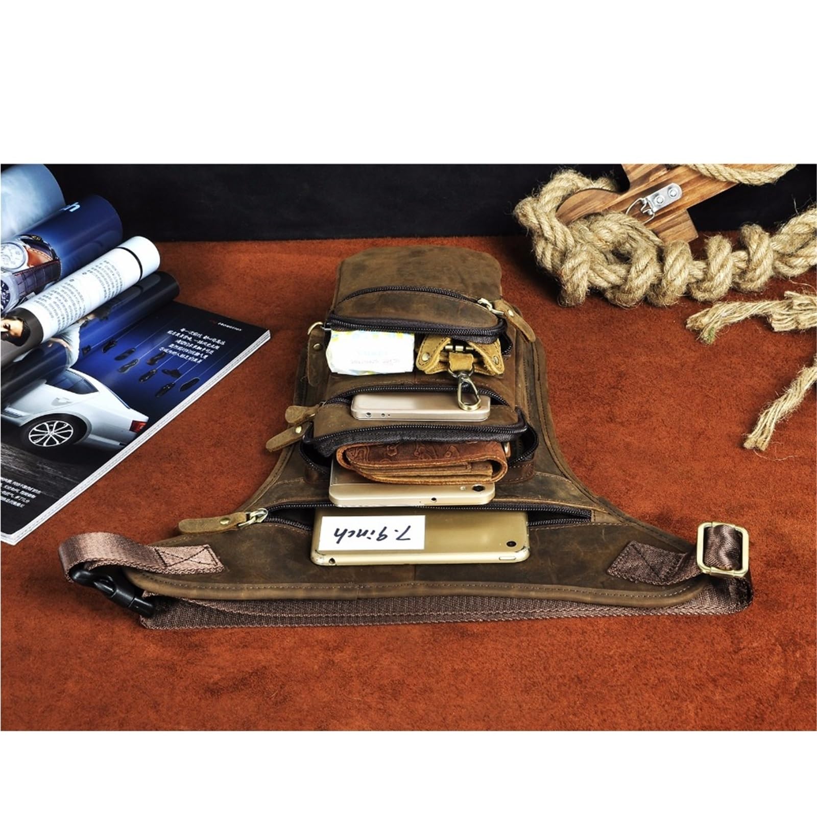 Marsupio Da Gamba Borsa a tracolla da uomo in pelle con design tablet, vintage, da viaggio, con cintura, da gamba cadente