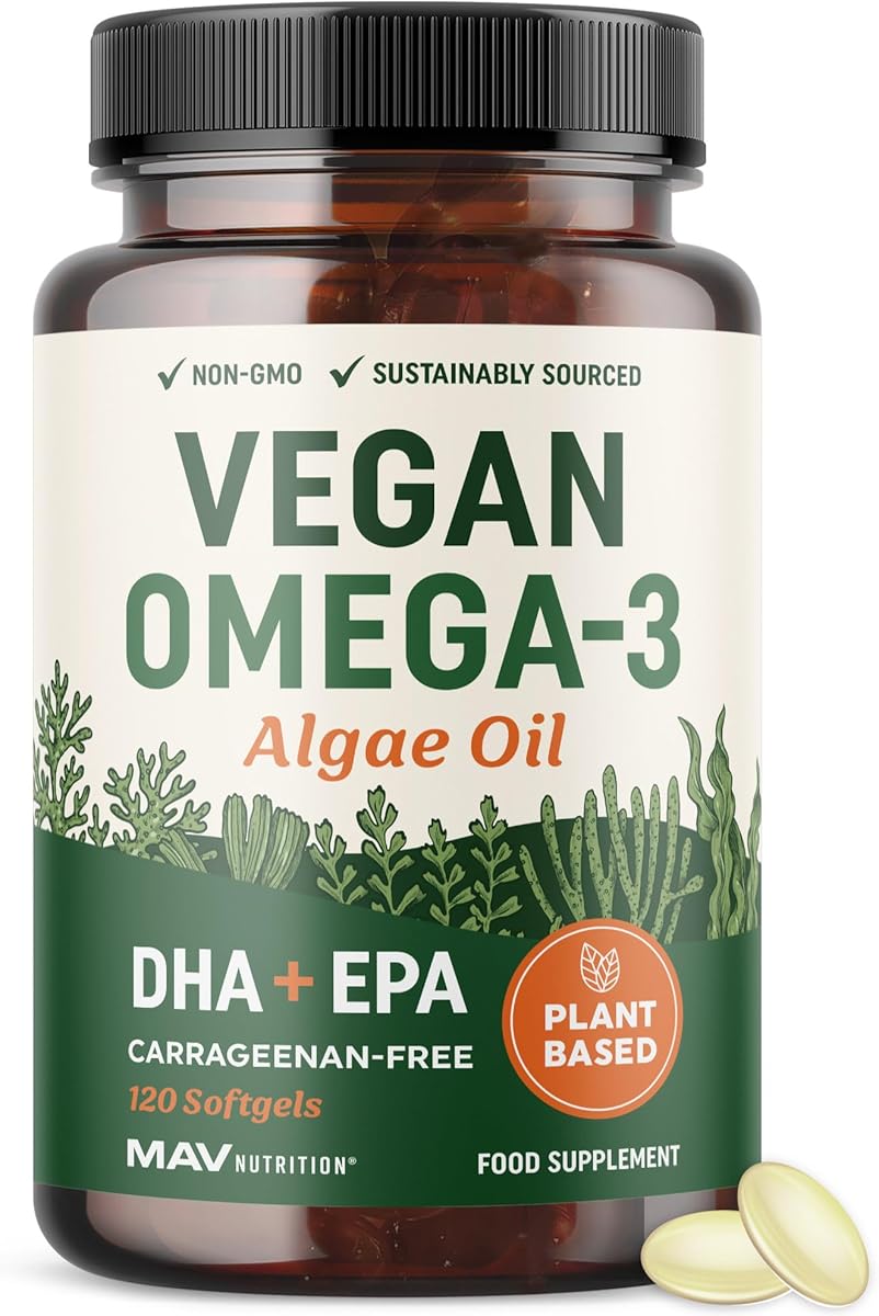 Vegan Omega 3 Algae Oil | Plant Based DHA EPA | Sustainably Sourced, No Carrageenan, Non GMO | Heart, Brain & Eye Health Support | Fish Oil Alternative | Algae Omega 3 Supplement | 120 Softgels