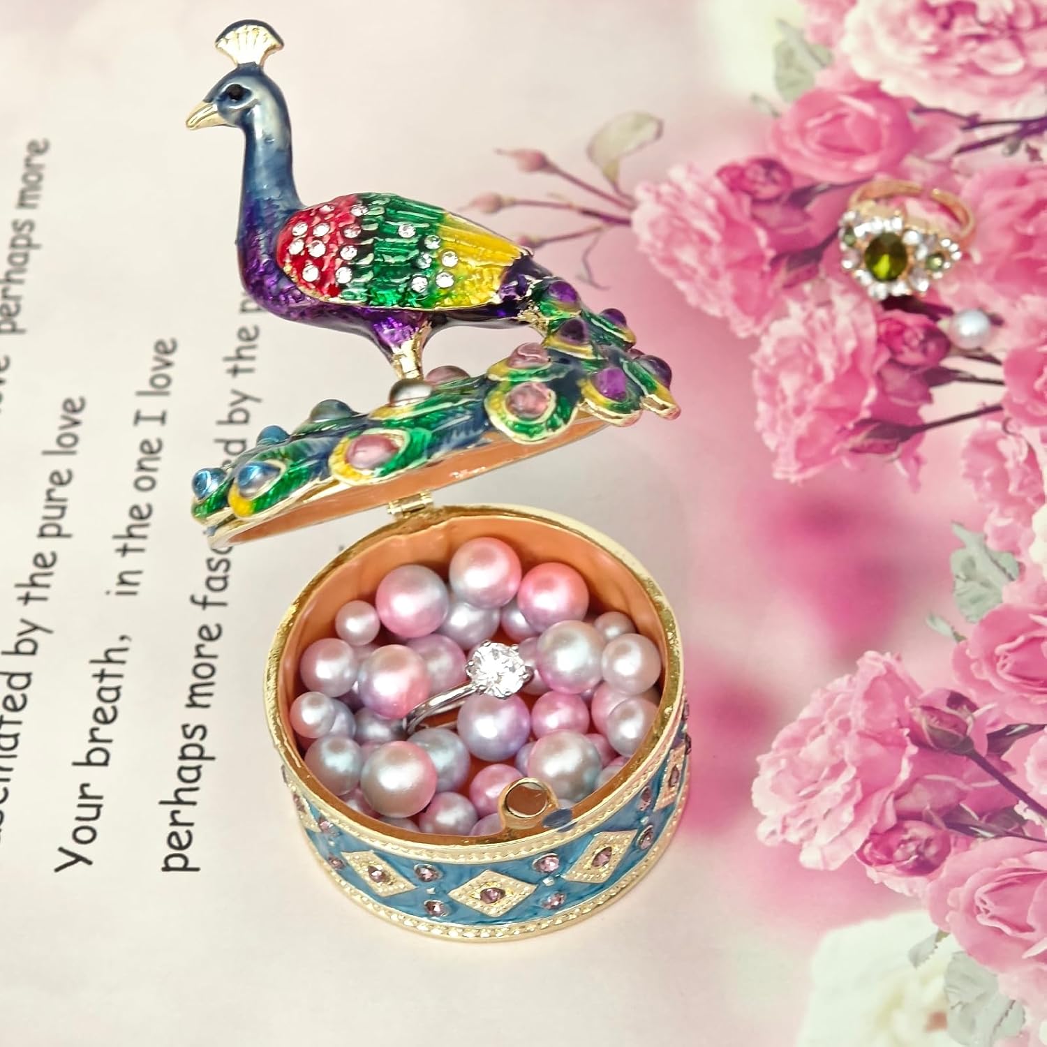 Enameled Mini Peacock Trinket Box, Hand-Painted Metal Small Decorative Jewelry Organizer, Ring Earrings Holder Peacock Decor Keepsake Box Gift for Women Girls - Image 6