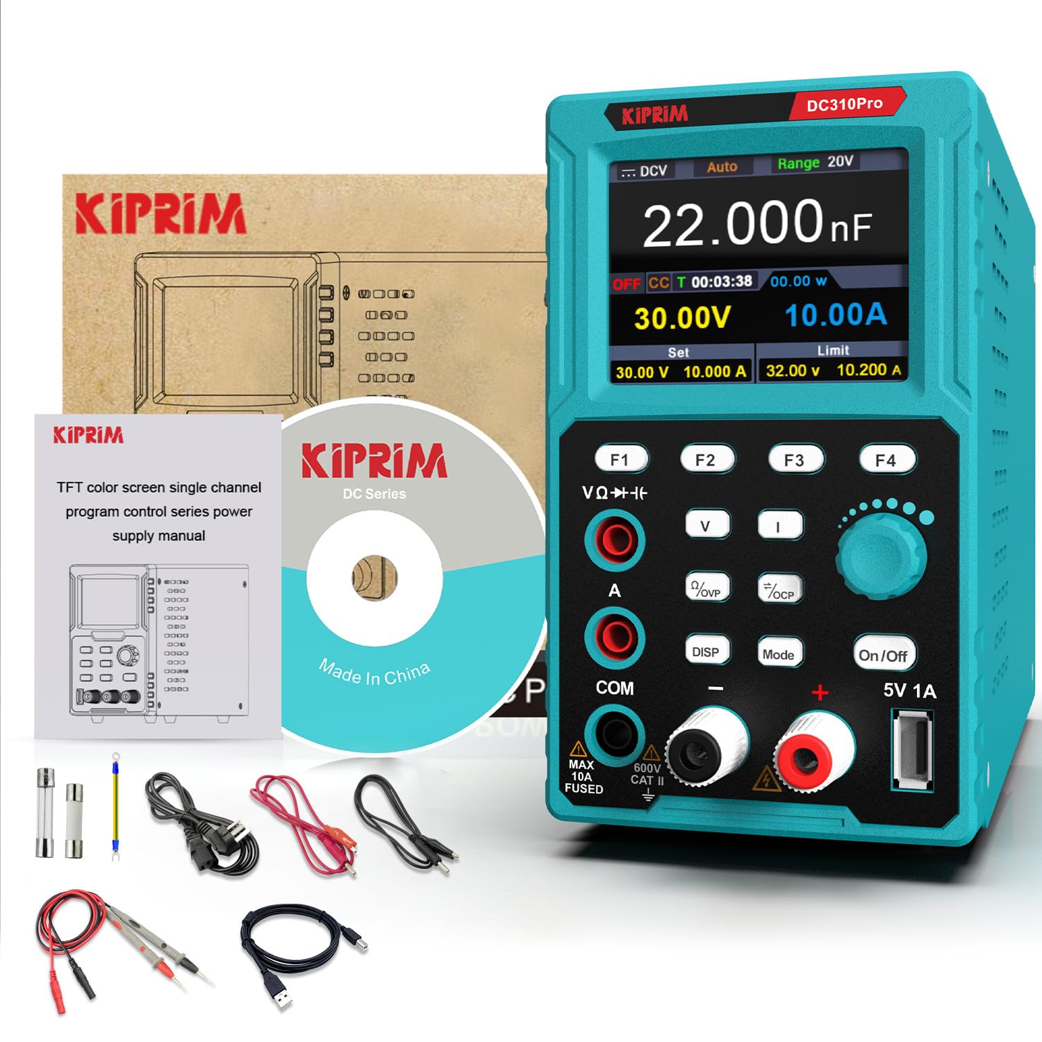 Kiprim 2 in 1 Alimentatore da Banco Programmabile e Multimetro (0-30 V, 0-10 A) Alimentatore da Laboratorio DC310Pro con Memoria Dati, alta Precisione, OCP, OVP, Software per PC e Ricarica USB