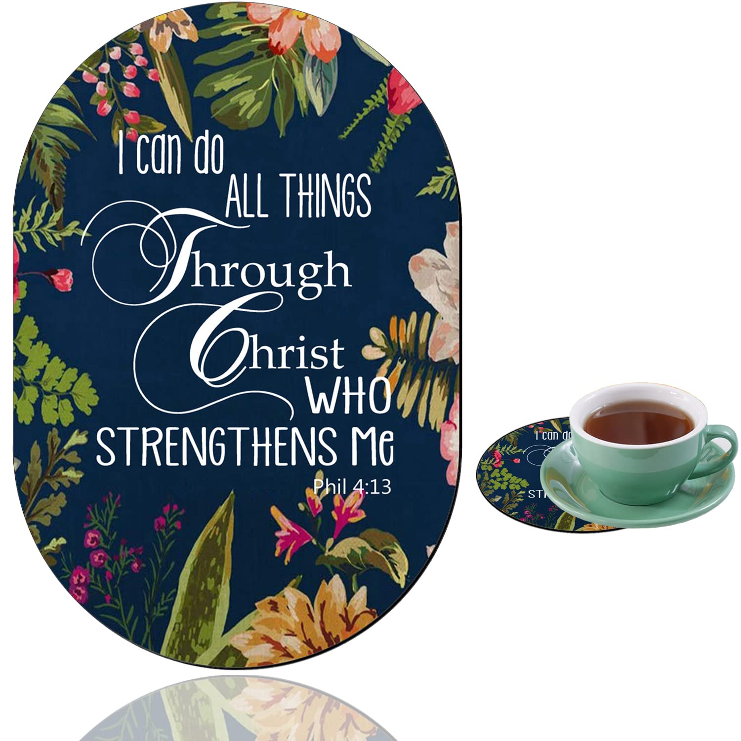 Personalized Gaming Mouse Pad and Coaster Combination, Bible Verse Phil 4-13 Design Non-Slip Rubber Base Mouse Pad, Home Desk Decor, Custom Work and Gaming Mouse Pad