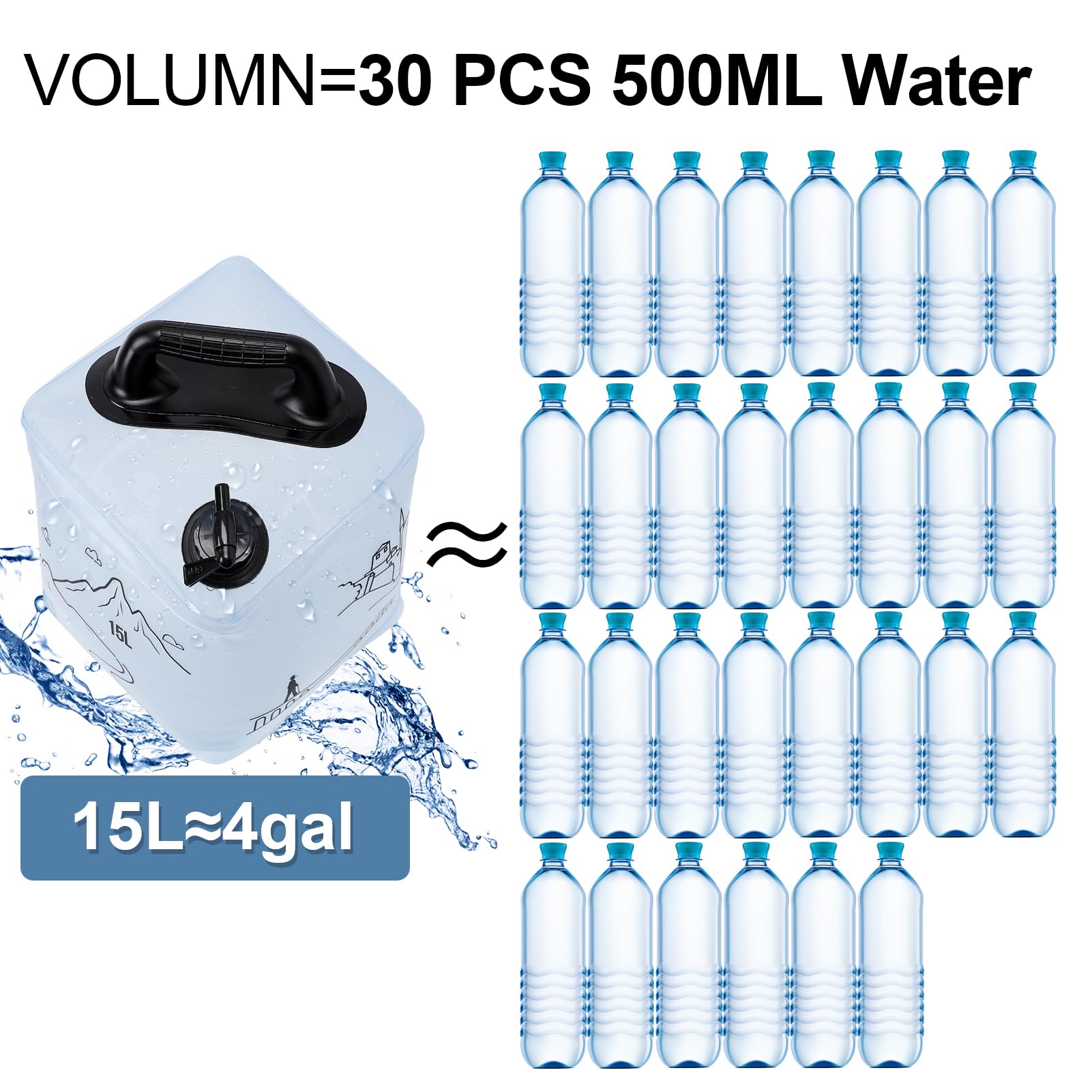 1 x 15 l faltbarer Wasserbehälter, BPA-freier Kunststoff-Wasserbehälter, große Kapazität, Kunststoff-Wassereimer mit Ventil, auslaufsicher und tragbar für Camping, Wandern und Überleben