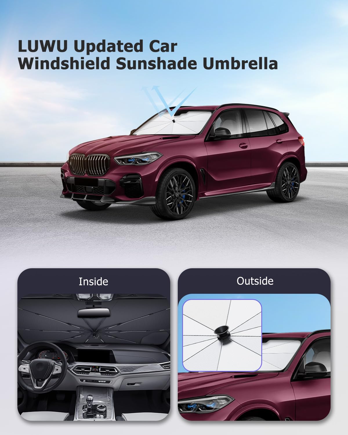 LUWU Parasol para Auto Frente Compatible con BMW X5 X6 X7 G05 G06 G07 F15 F16 2019-2025 2026 Parasol Plegable para Parabrisas Protector Solar Térmico Aislado para X5 X6 X7 G05 G06 G07 Accesorios