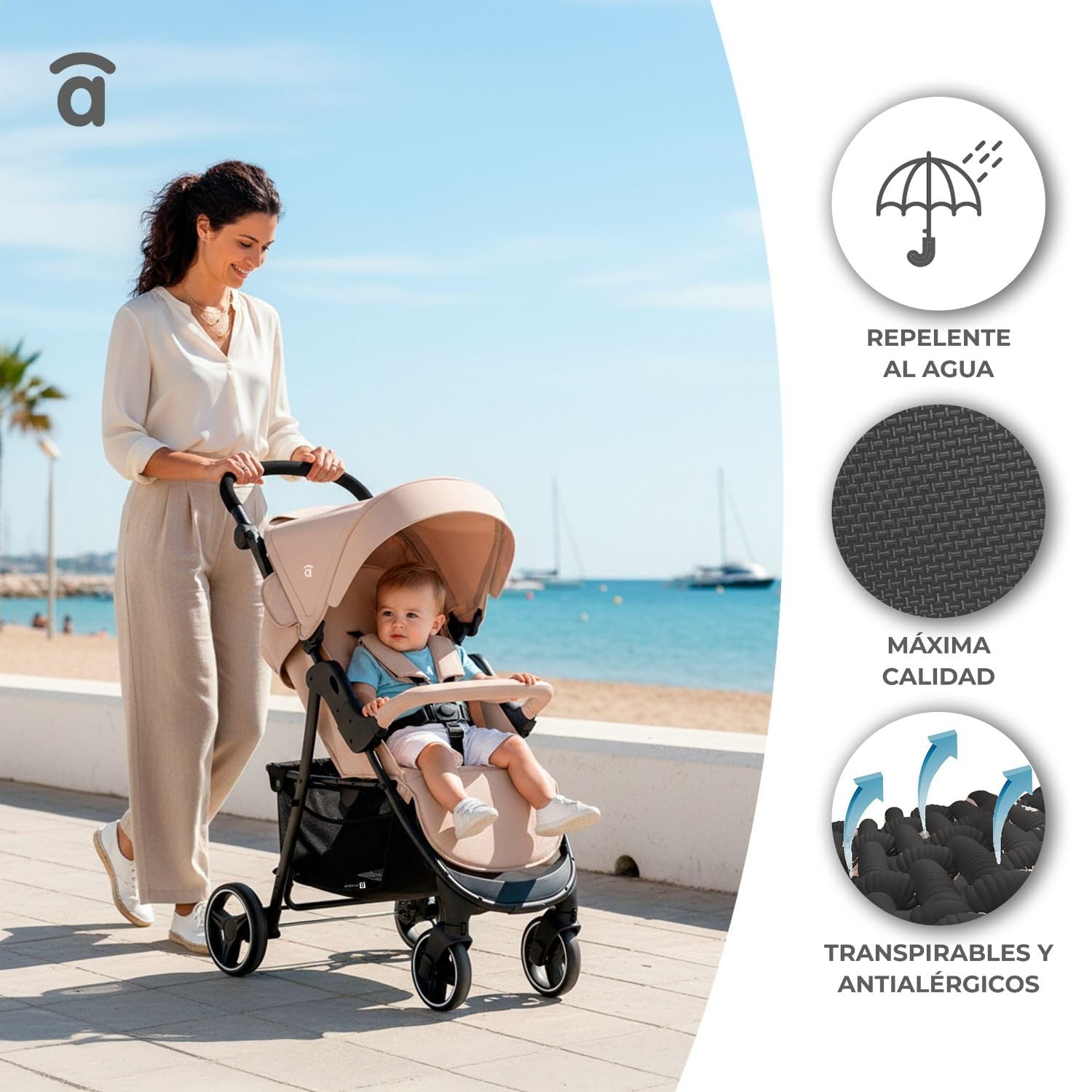 Asalvo AMÉRICA 3 Silla de Paseo, Carrito bebé, Carro para bebés, Confortable, Ultraligera, Segura, Capota con Ventana y Freno Trasero, Manejable, Plegado compacto, Carga Máxima 24 kg, Beige