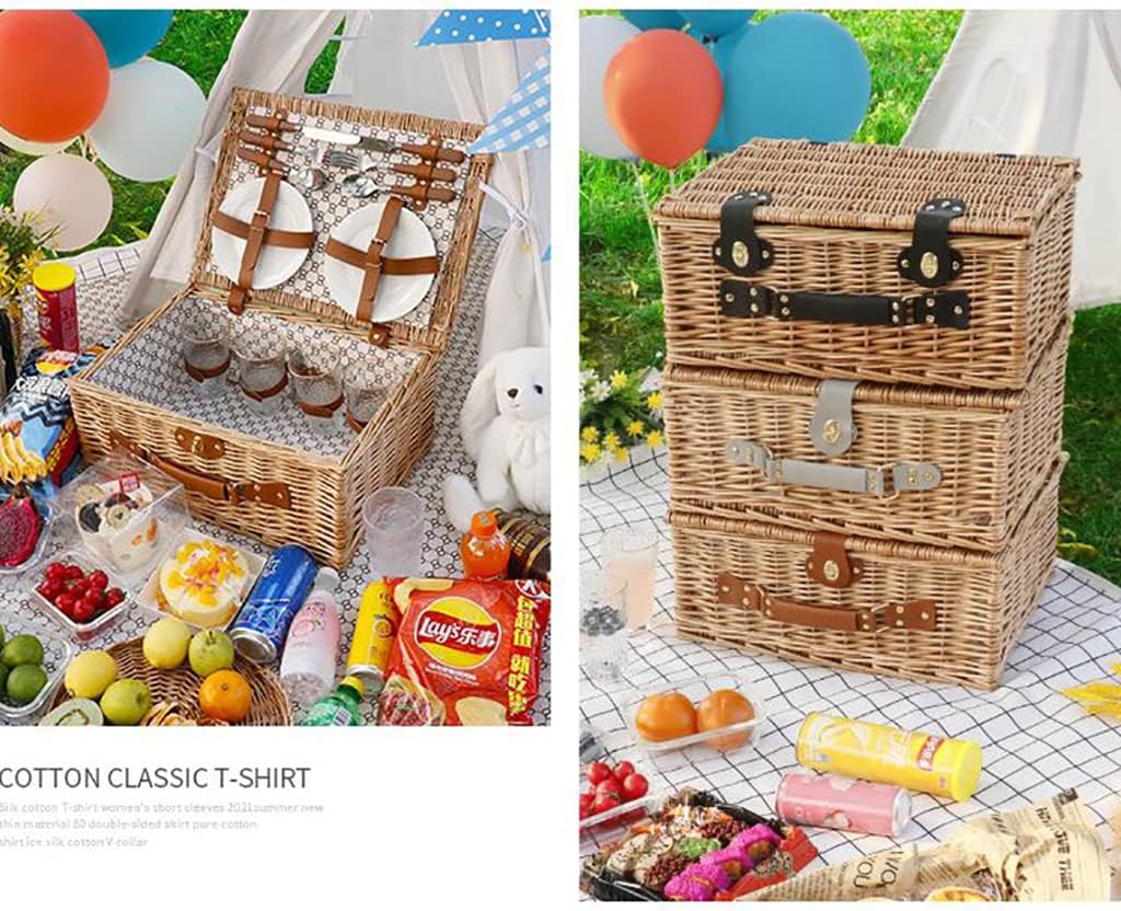 Picnic Basket 4 Person Picnic Baskets - Luxury Wicker Picnicr Basket Sets -Premium Set with Flatware,Plates,Salt & Pepper Shakers,Wine Glasses and Bottle Opener (C 46x20x33cm)