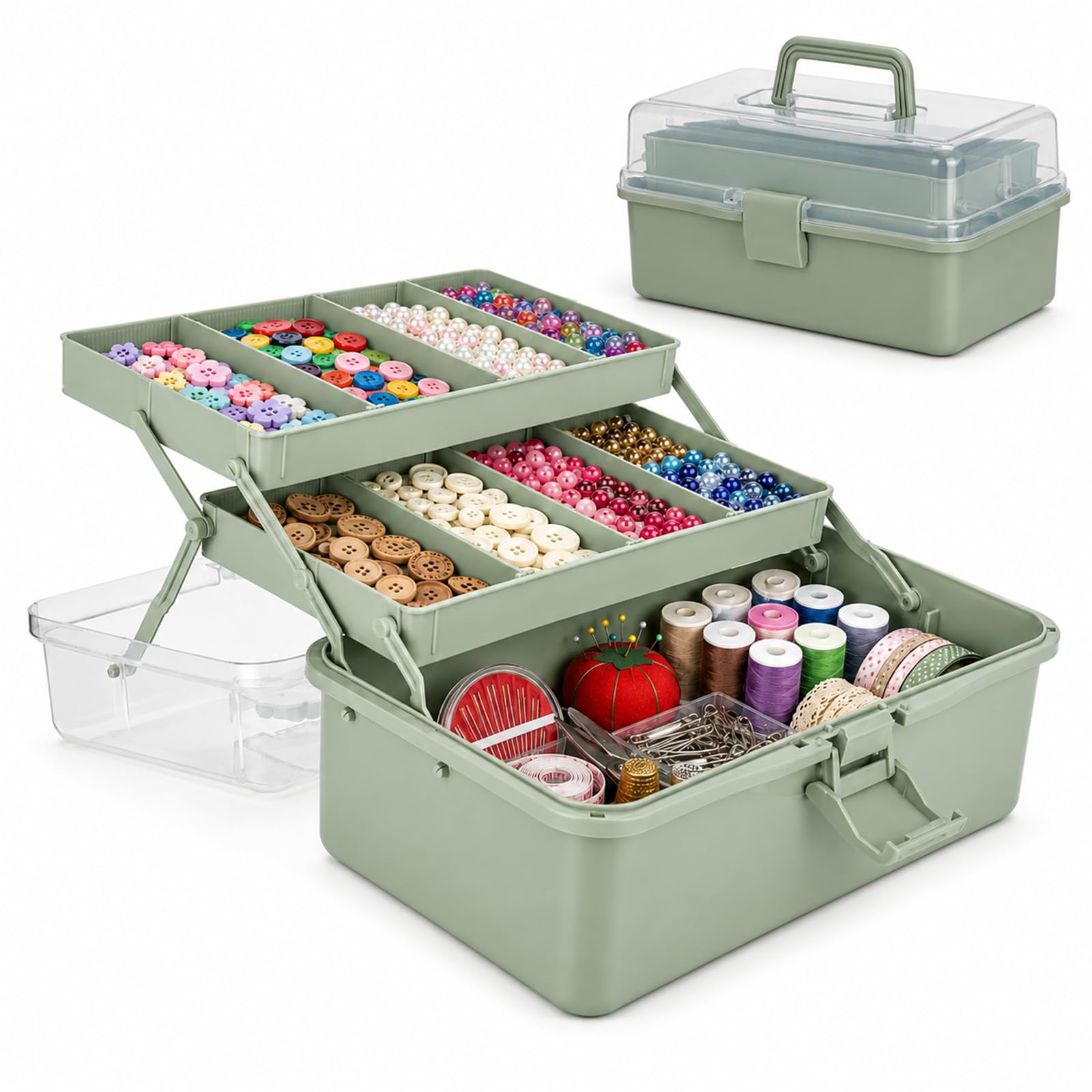 3 Layer Craft Storage Box, 12.8 x 7.1 x 5.5 in Large Storage Box with Compartments and Clear Lid, Multi-Purpose Plastic Tool Container for Art Supplies Sewing Stationery Medicine Fishing Tackle, Green
