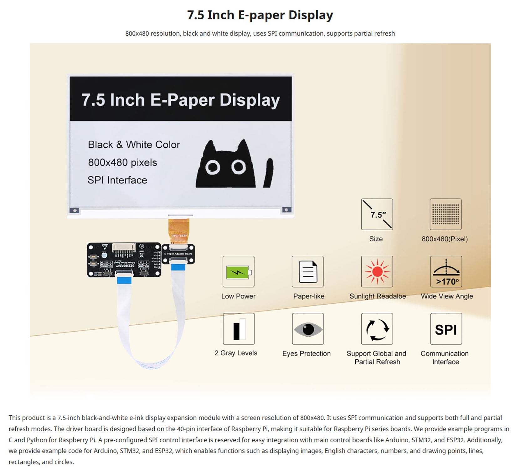 7.5" E-Paper Display HAT per Raspberry Pi, 800x480 Schermo E-Ink Monocromatico con interfaccia SPI, compatibile con Arduino, STM32, ESP32 - Aggiornamento parziale e completo