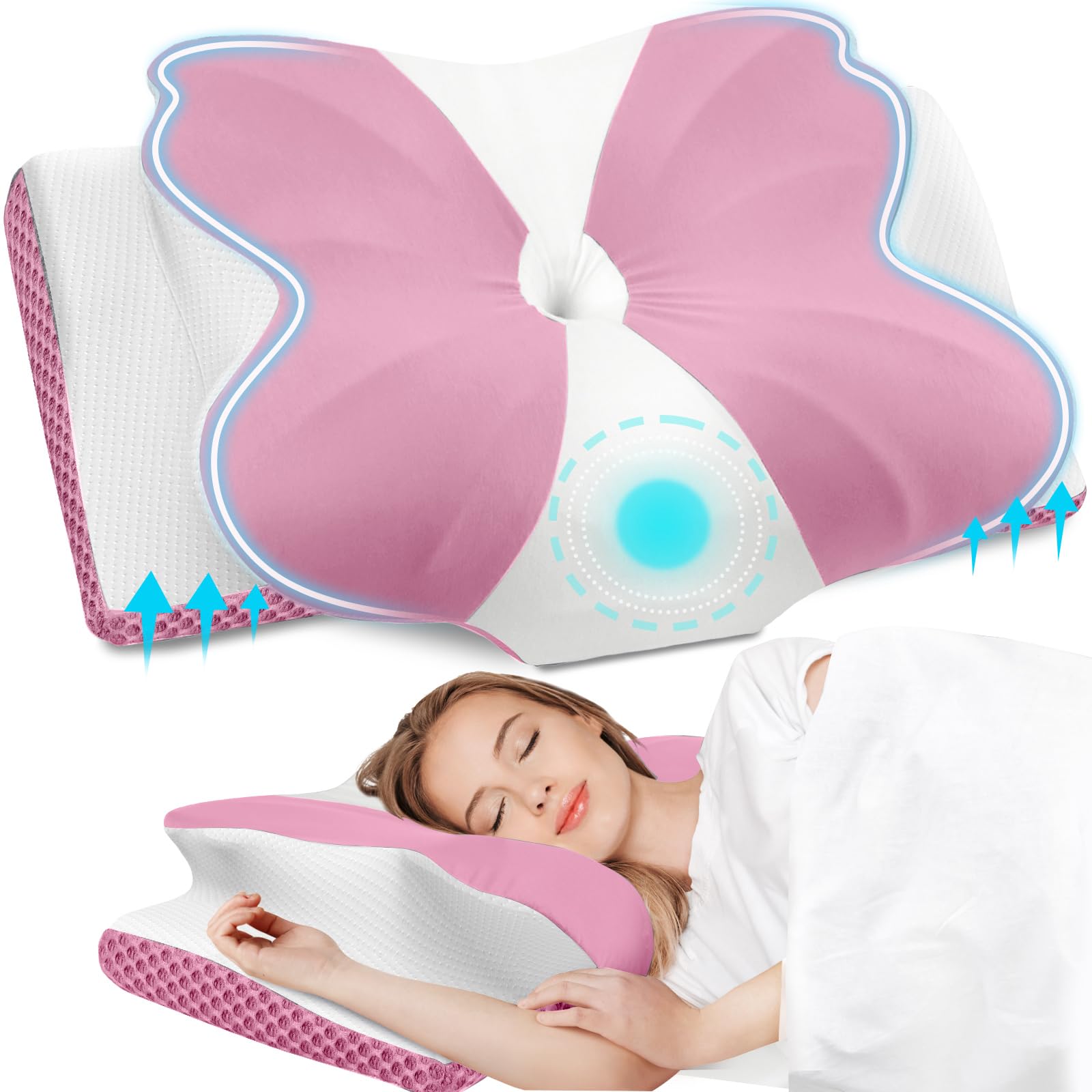 CloudBliss Cervical Memory Foam Pillow for Neck and Shoulder, Contour Neck Support Pillow with Cooling Case, Ergonomic Bed Pillow, Support for Side Back Stomach Sleepers (Pink, Standard Size)