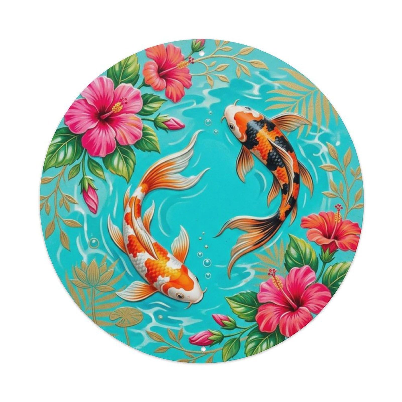 Fqcyn Style Koi Fish Turquoise Tropical Pool Livingroom Metal Tin Sign Plaque Wall Decor For Cafe, Club Bar, Office, Home Garden Round Metal Poster 8X8inch