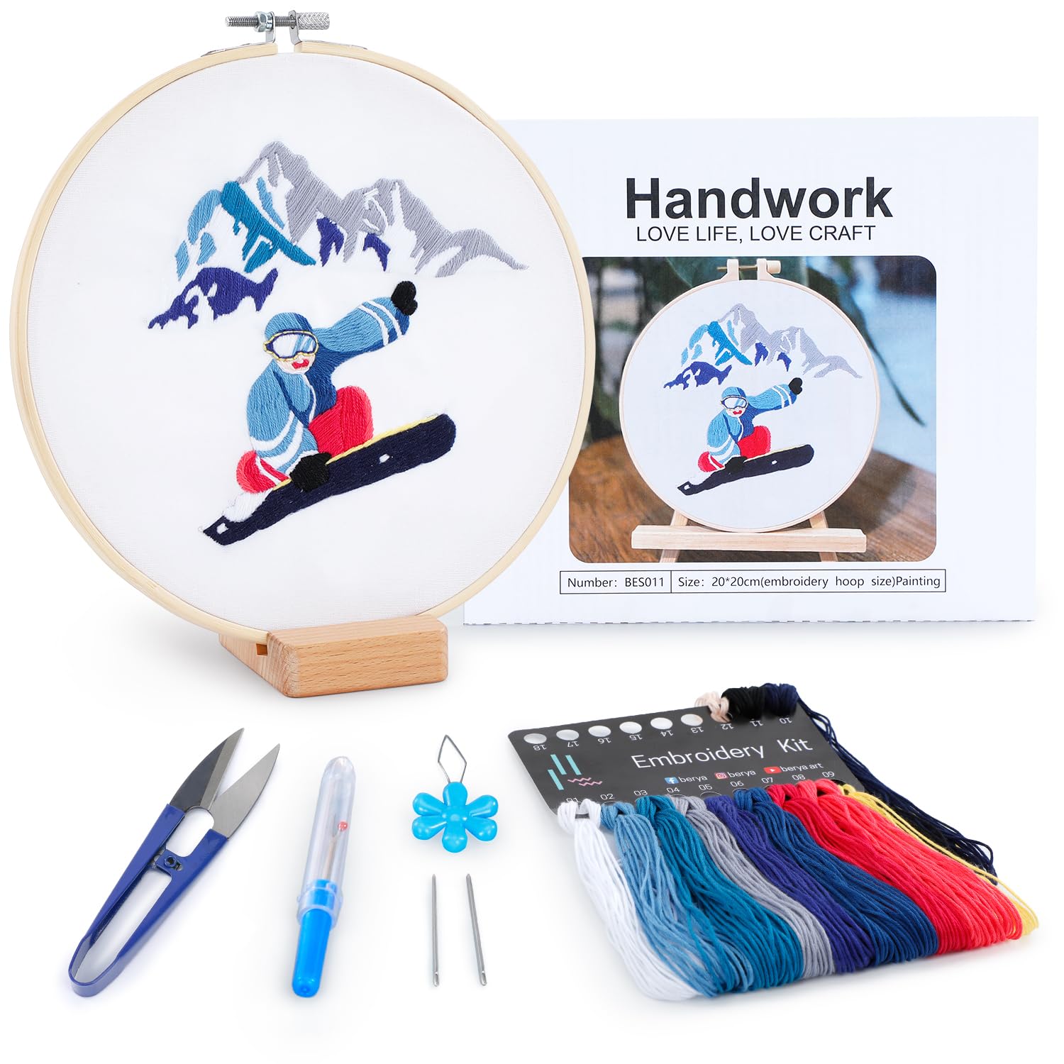 Embroidery Kit for Adult Beginners,Skiers Snow Mountain Embroidery Kit with Step-by-Step Instructions & Video,Printed Cloth,7.87" Hoop,Display Stand,Color Threads and Tools for Craft Lover(BES011)