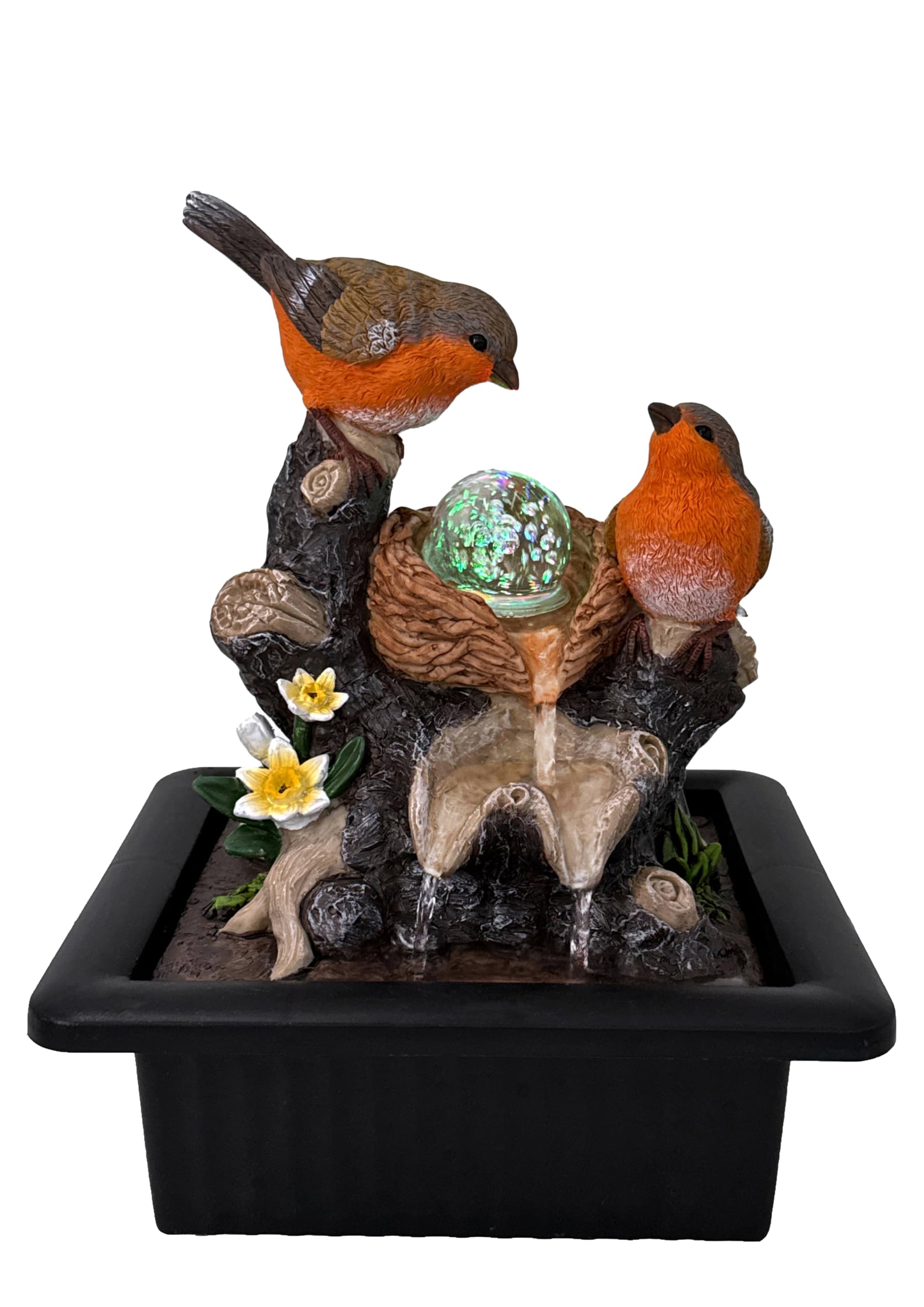 Robins Indoor Tabletop Water Fountain with LED Light & Spinning Glass Ball, USB Resin Bird Water Feature for Home, Office, Bedroom & Nature Décor, 25cm