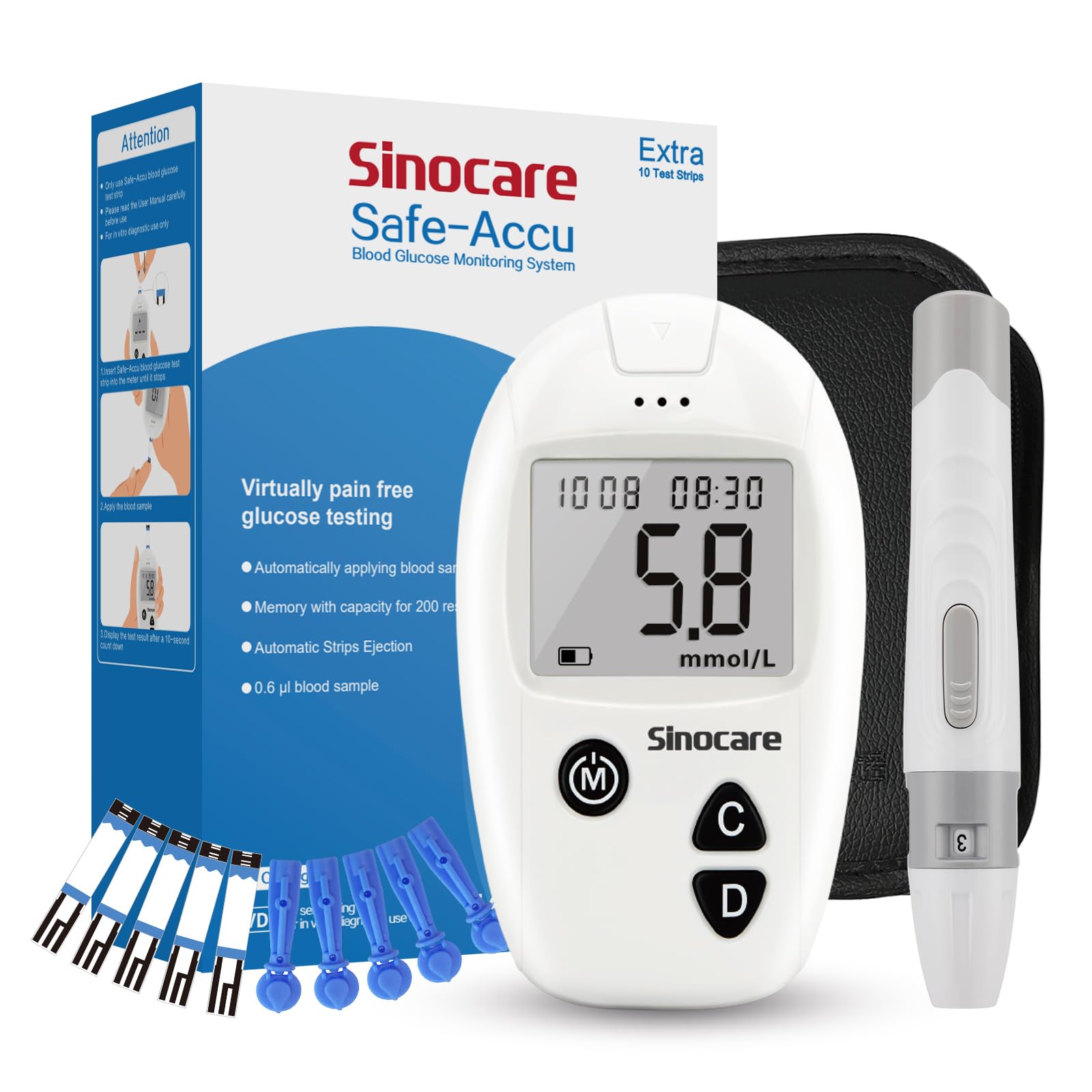 sinocareSafe Accu Blood Sugar Monitor, Blood Sugar Test Kit with 10pcs Test Strips, for Self-Testing, Diabetes Testing Kit, Start-KitClimatePartner certified