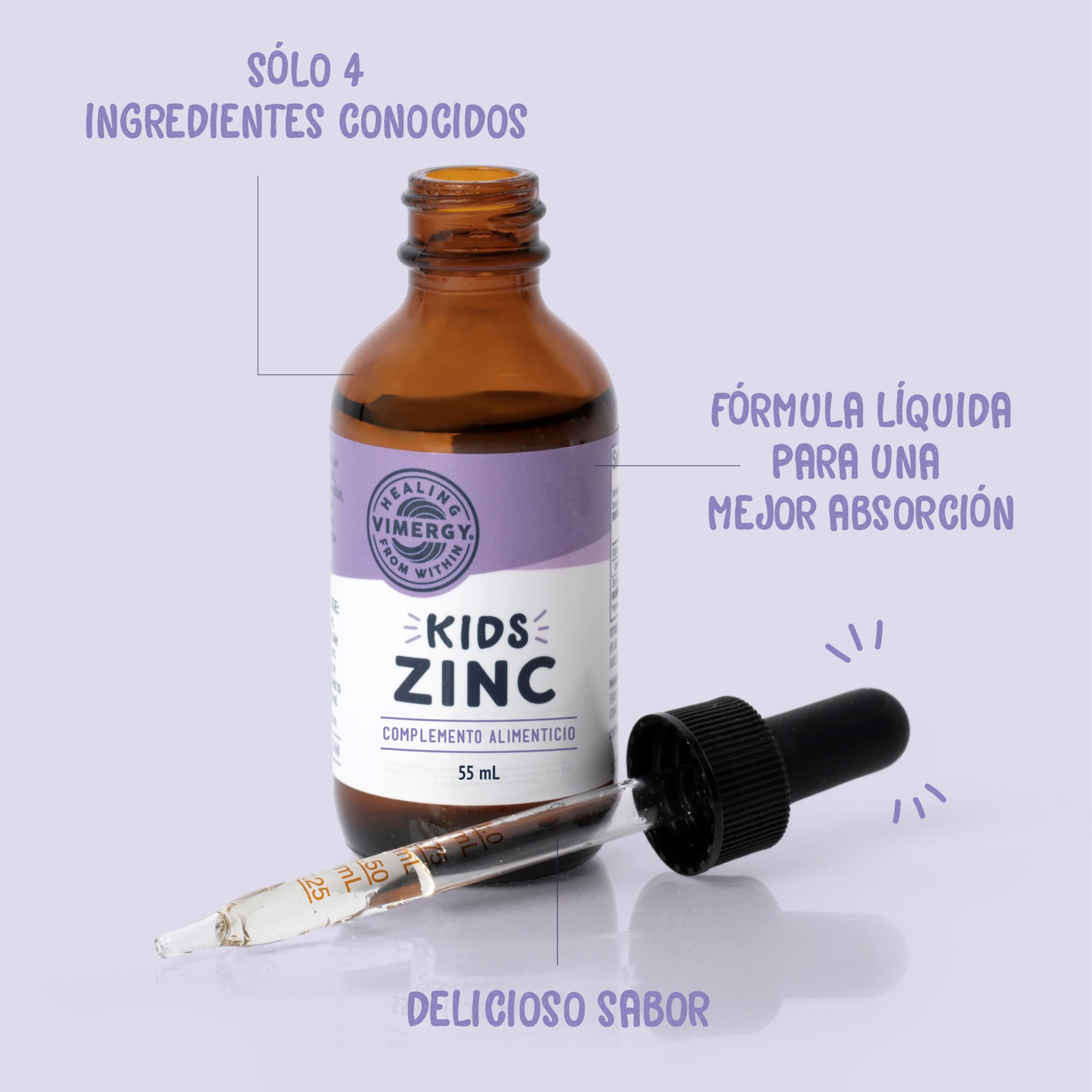 Vimergy Kids Zinc – 55 ml - Suplemento de Zinc para Niños – Zinc Líquido de Rápida Absorción – Desarrollo del Cerebro y Físico - Sin Azúcar, Gluten, Colorantes ni Saborizantes – Vegano y Paleo