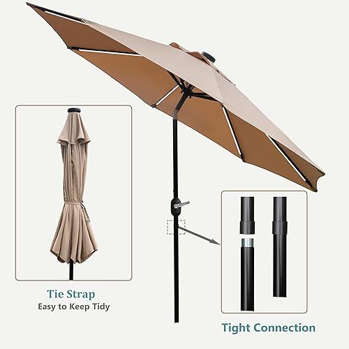 Miniatura 5 de Sunnyglade Sombrilla solar de patio con luz LED para exteriores de 9 pies con 8 tiras de luces LED y 8 varillas, práctico sistema de elevación de