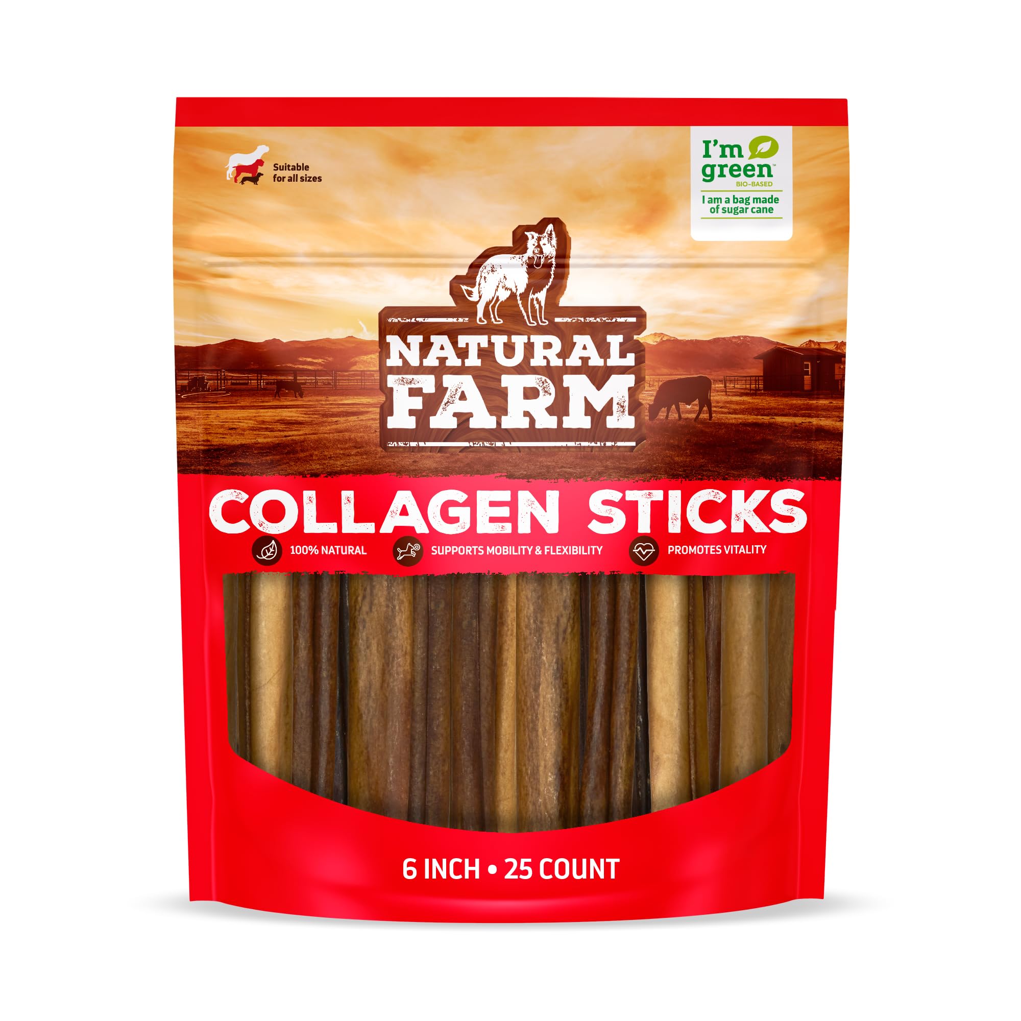 Natural Farm Collagen Sticks for Dogs (6 Inch, 25 Pack), Odor-Free Long Lasting Chews & Rawhide Alternative - 95% Collagen, Low Fat, High Protein - Best Dental Dog Treats - Medium & Large Dogs
