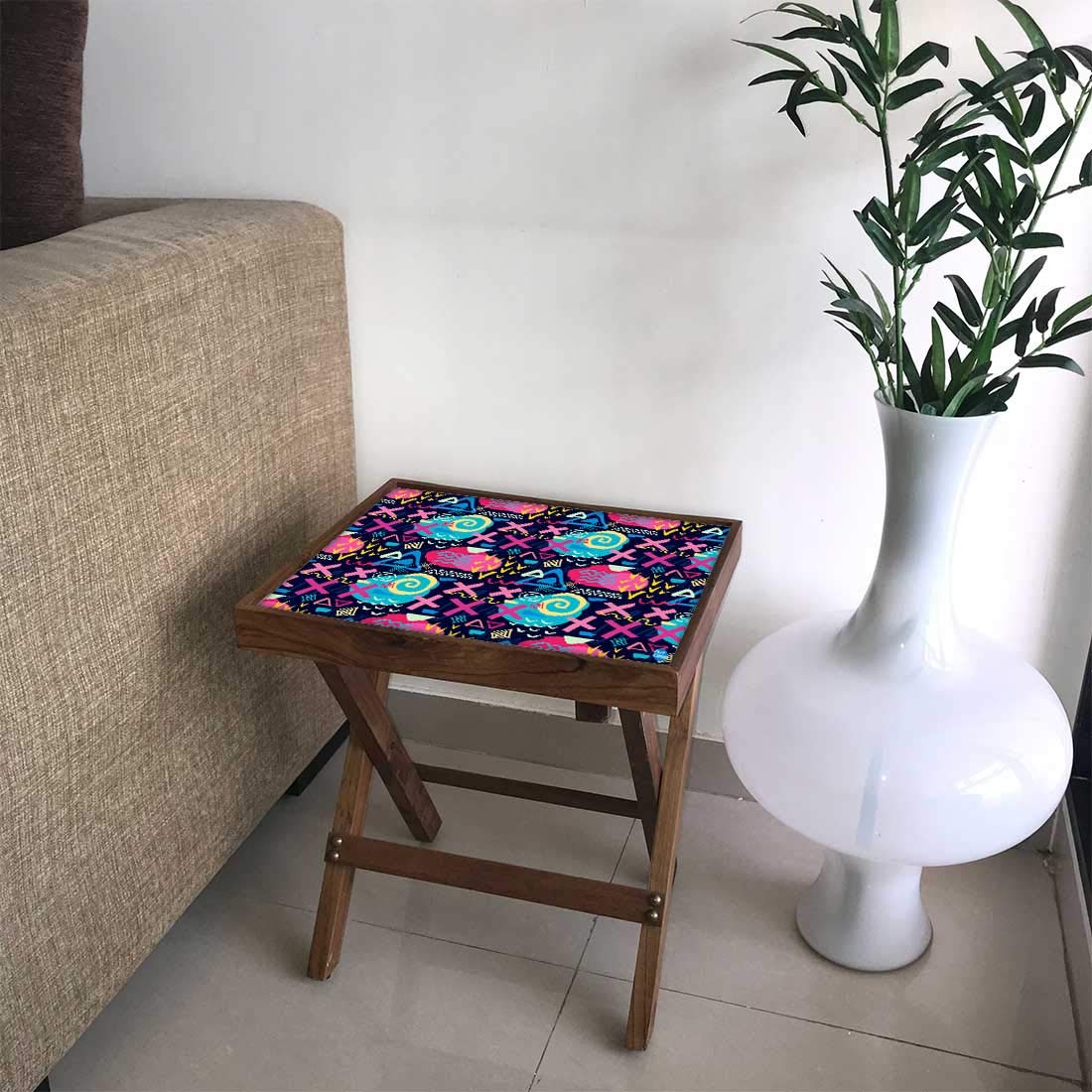 Nutcase Designer Teak Wood Side Table Folding Wooden Bedside Coffee Outdoor Picnic Table - Trendy Colorful Pattern