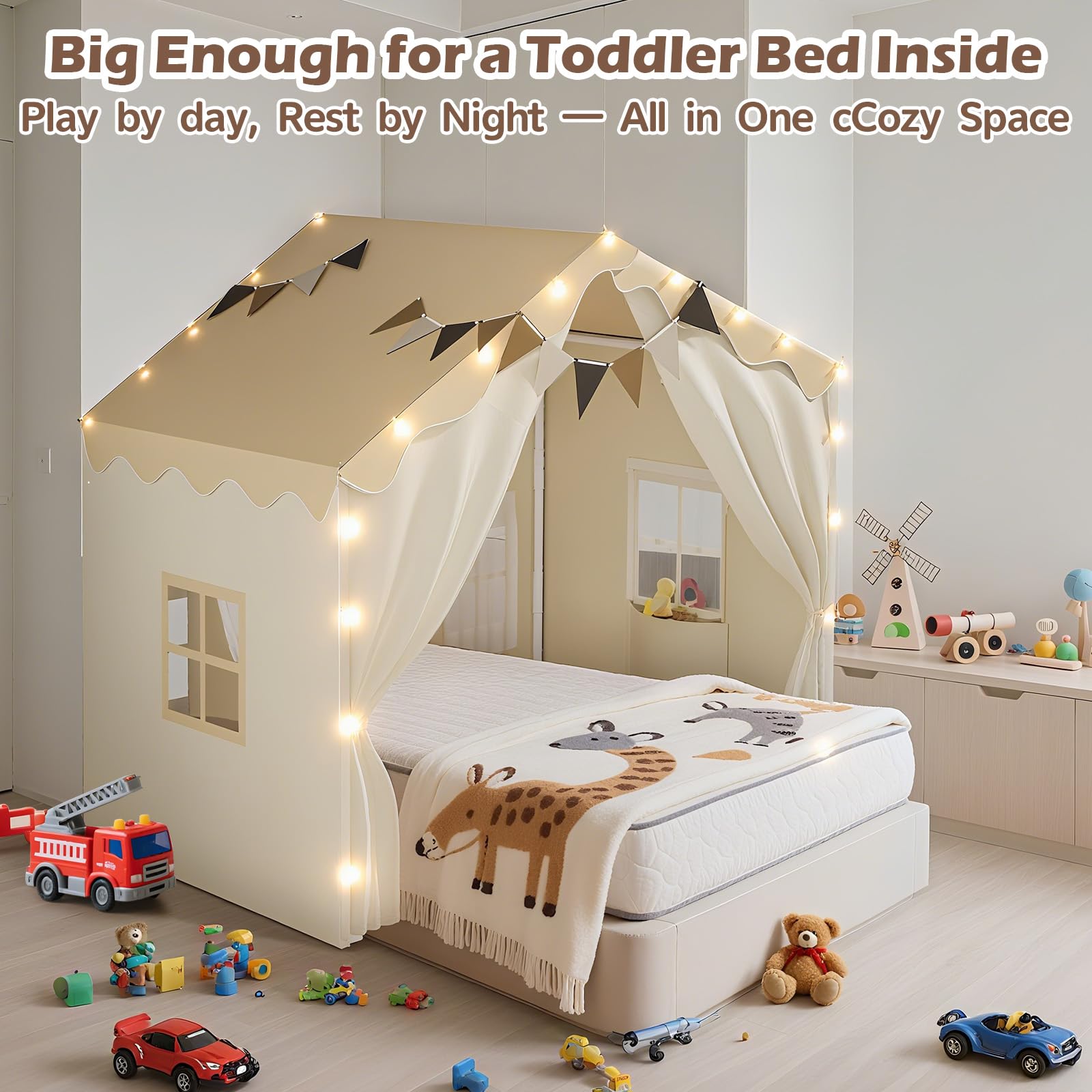 EagleStone 2-in-1 Kinderzelt mit Sternenlicht & gepolsterter Matte, Spielzelt und Bettzelt für Kinder Indoor & Outdoor, 2 Türen, 4 Fenster, 2 Seitentaschen, Geschenk für Jungen & Mädchen ab 3 Jahre