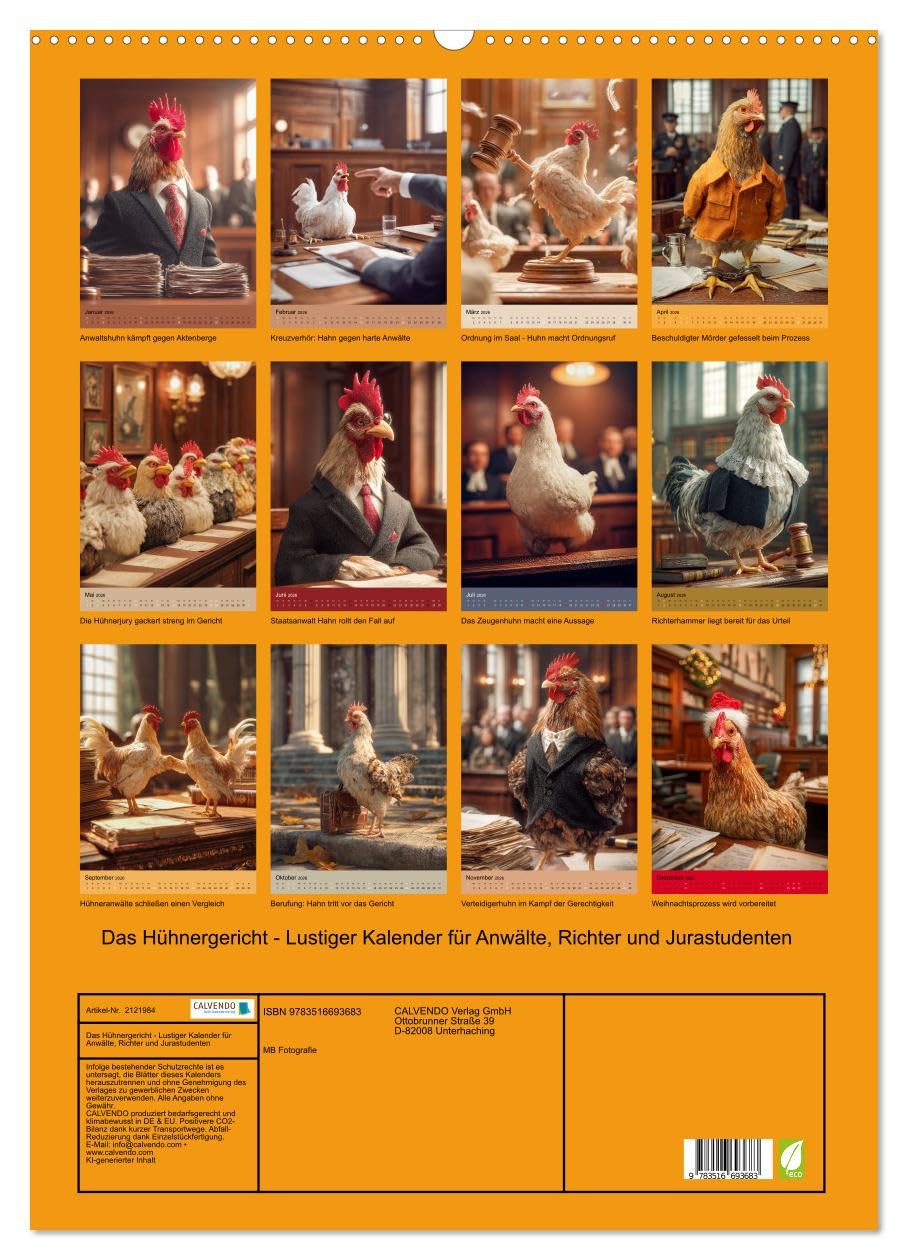 Das Hühnergericht - Lustiger Kalender für Anwälte, Richter und Jurastudenten (Wandkalender 2026 DIN A2 hoch), CALVENDO Monatskalender: Das ... für Juristin. Humor pur! (CALVENDO Spass)
