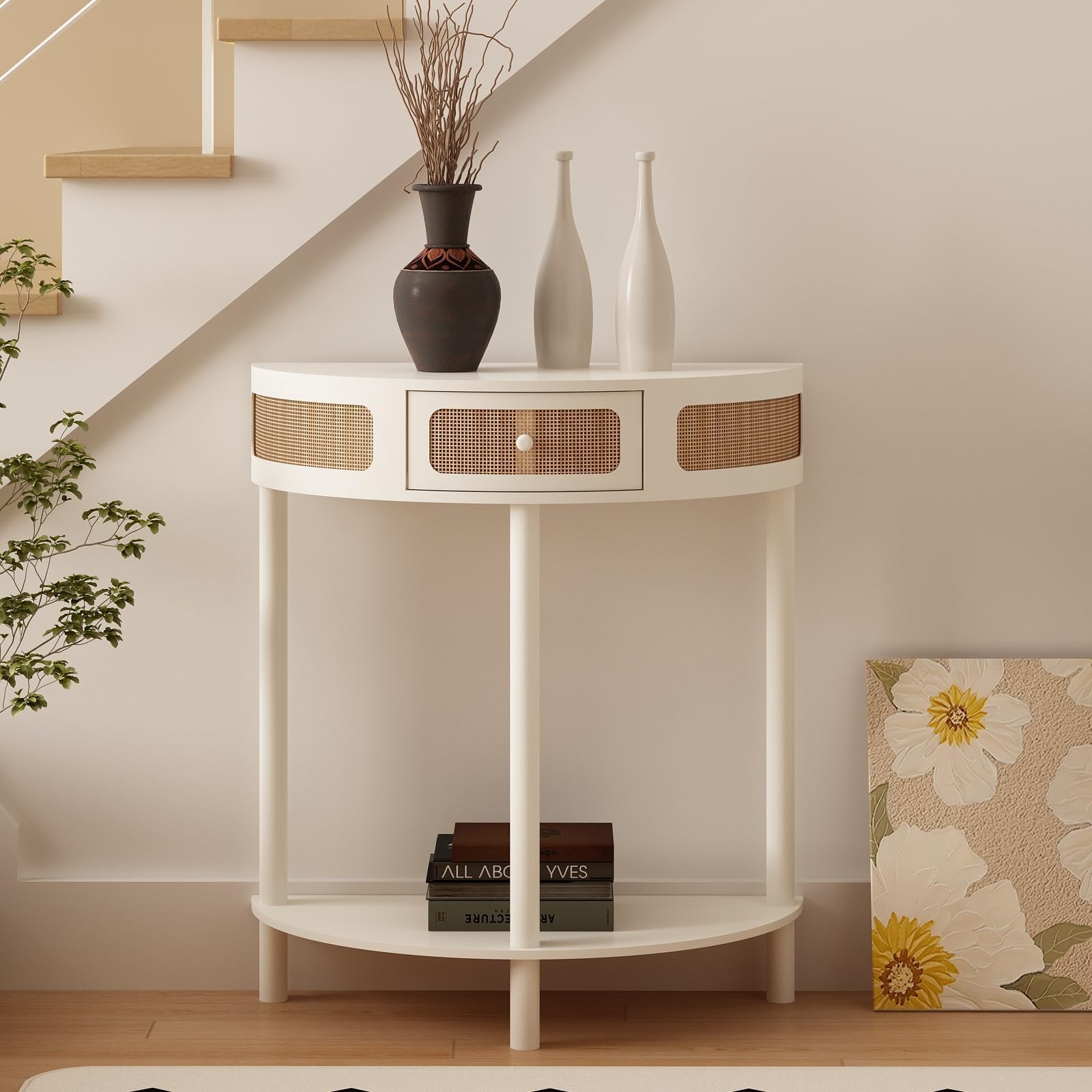 Wnutrees Rattan Half Moon Console Table, Modern Entryway Table with Drawer, Boho Sofa Table with Bottom Storage Shelf, Small Semicircular Tables for