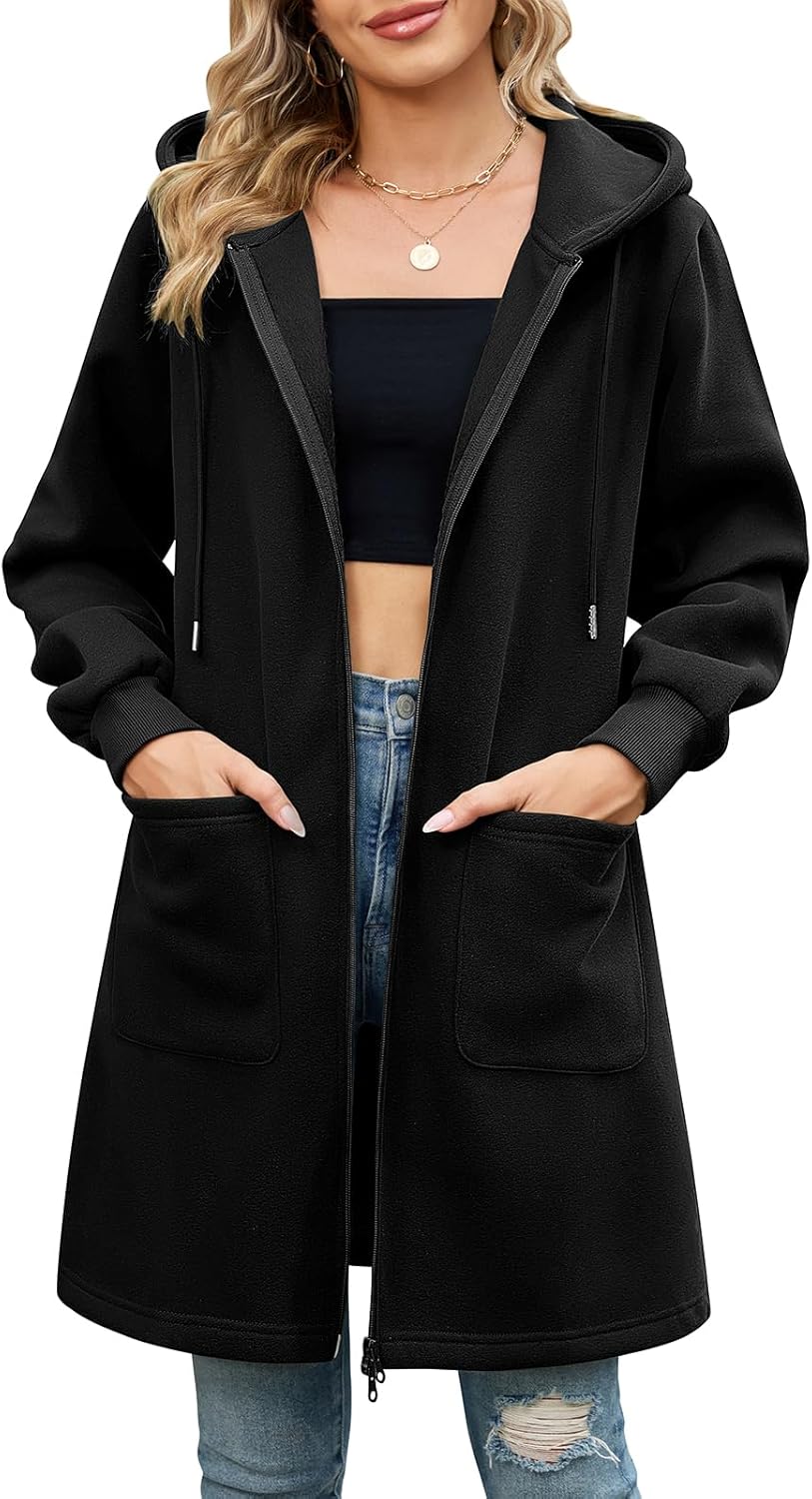 Vancavoo Fleecejack voor dames, lange winterjas, sweatjack, capuchonjas, ritssluiting, capuchon, losse jas, effen, sweatshirt, lange mantel, cardigan, outwear, met zakken, lichtgrijs, XL