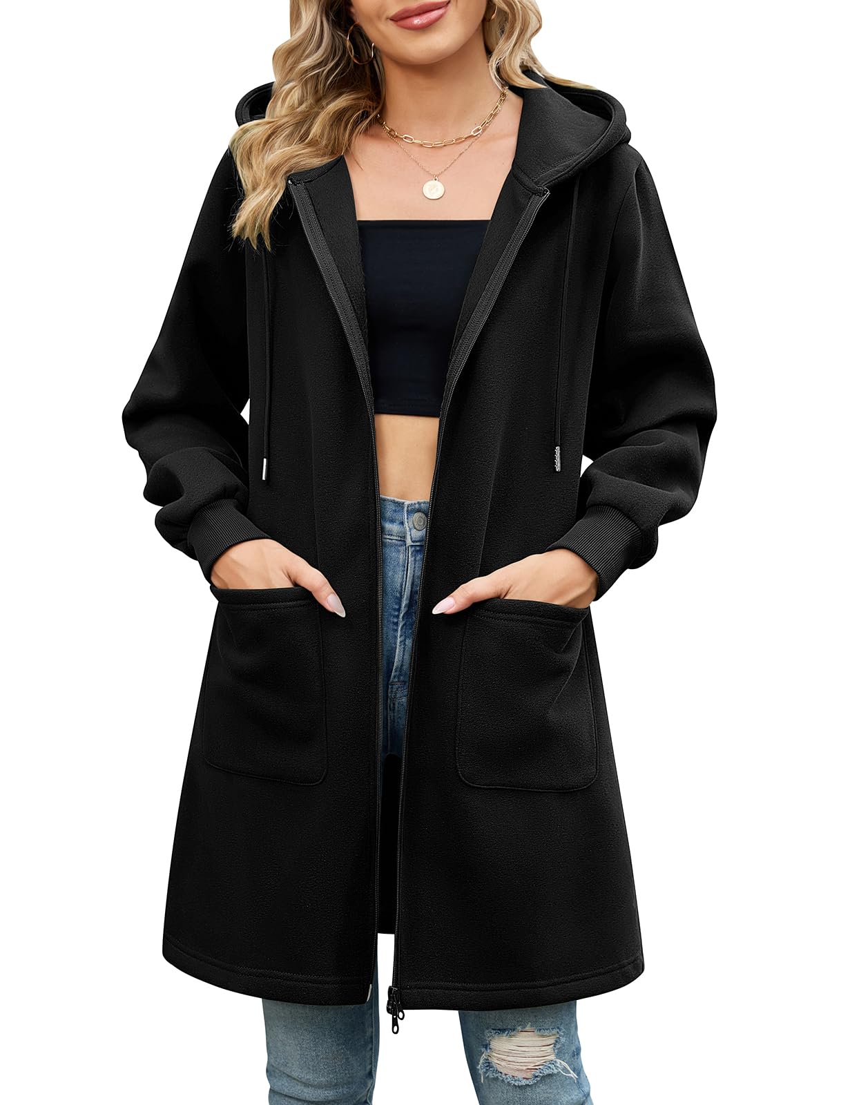 Vancavoo Fleecejacke Damen Sweatjacke mit Kapuze Lange Kapuzenpullover Reißverschluss Hoodie Jacke Frühling Herbst Lang Kapuzenjacke Elegant Übergangsjacke mit Taschen