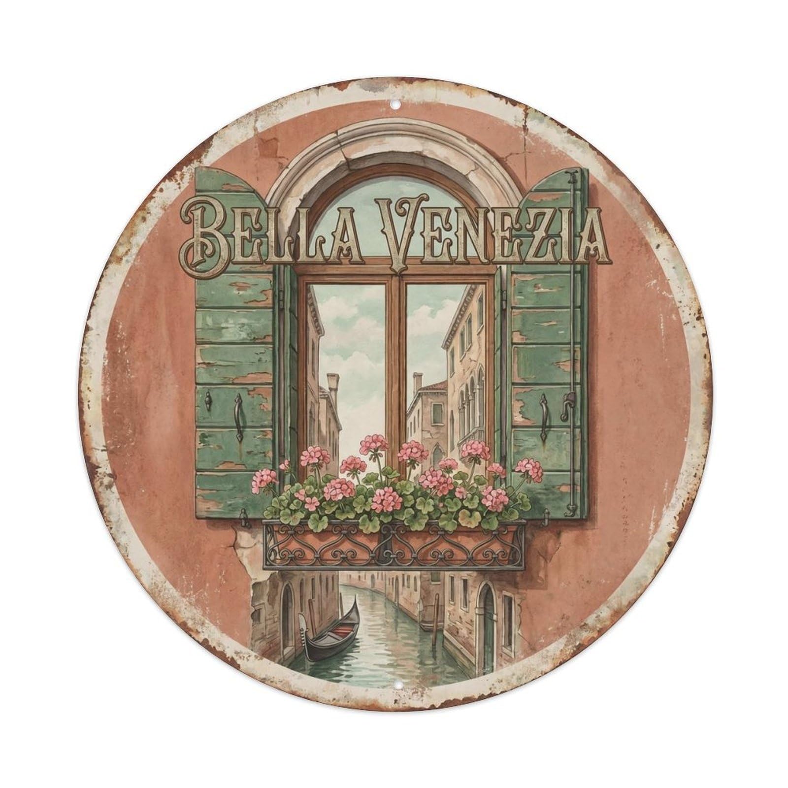 European Venice Waterway Travel Gondola Lagoon Scenic Wanderlust Metal Tin Sign Plaque Wall Decor for Cafe, Man Cave, Club Bar, Office, Home Garden Round Metal Poster 8x8Inch