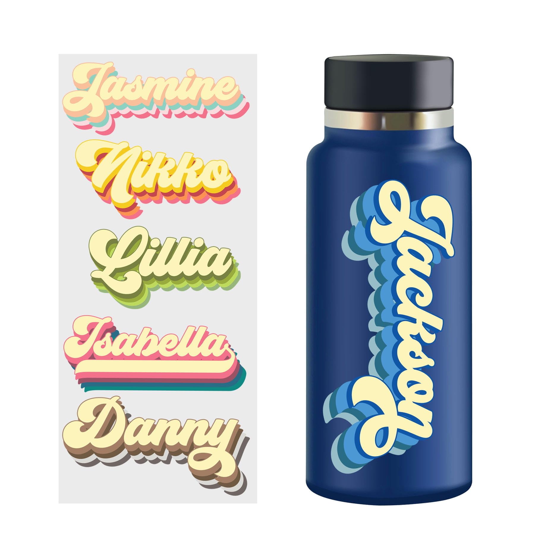 2 Pcs Custom Name Sticker, Personalized Colorful Retro Vintage Name Transparent Sticker Waterproof Vinyl Decal for Water Bottles,Tumblers, Cup, Laptop
