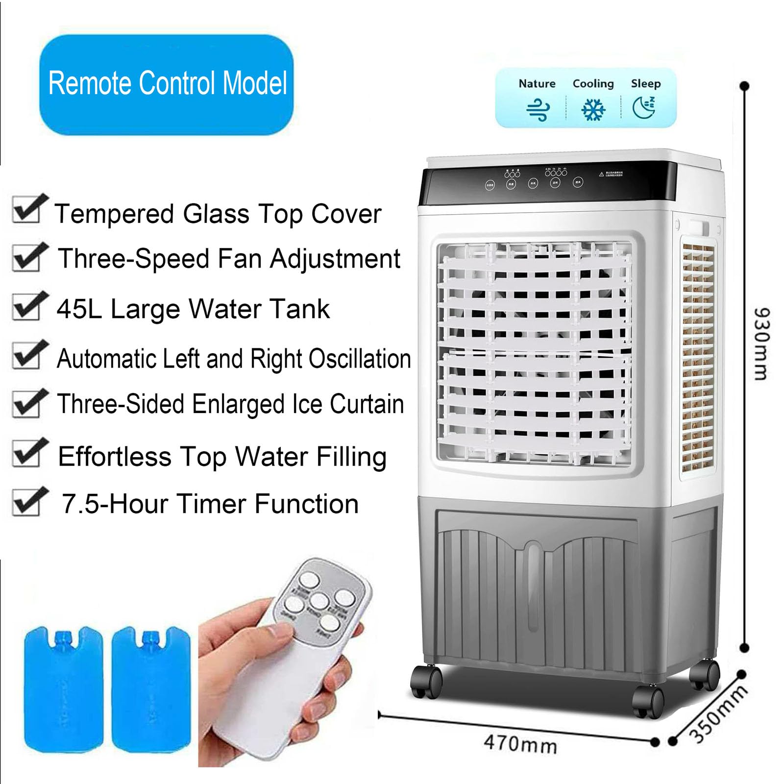 Refroidisseur d'air par évaporation avec réservoir d'eau, climatiseur portable avec 3 vitesses, minuterie 12 h, ventilateur de refroidissement pour garage, usage commercial, climatisation industrielle