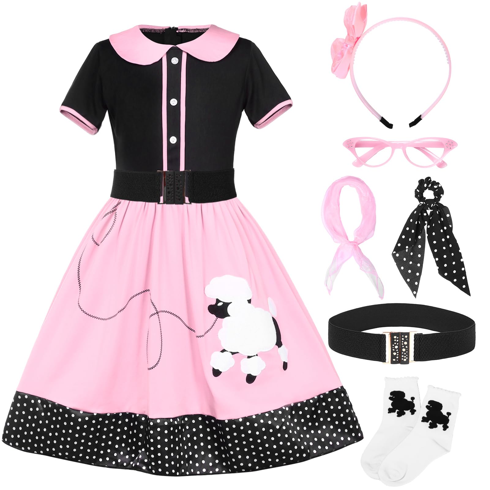 Ficlwigkis 50s Poodle Girl Costume For Kids 7pcs Poodle Dress Accessories with Hair Band,Silk Scarf,Glasses,Socks,Girdle,Hairband,50s Fancy Dress Kids,1950s Dress Up Costumes Blue Pink (Pink, 110)