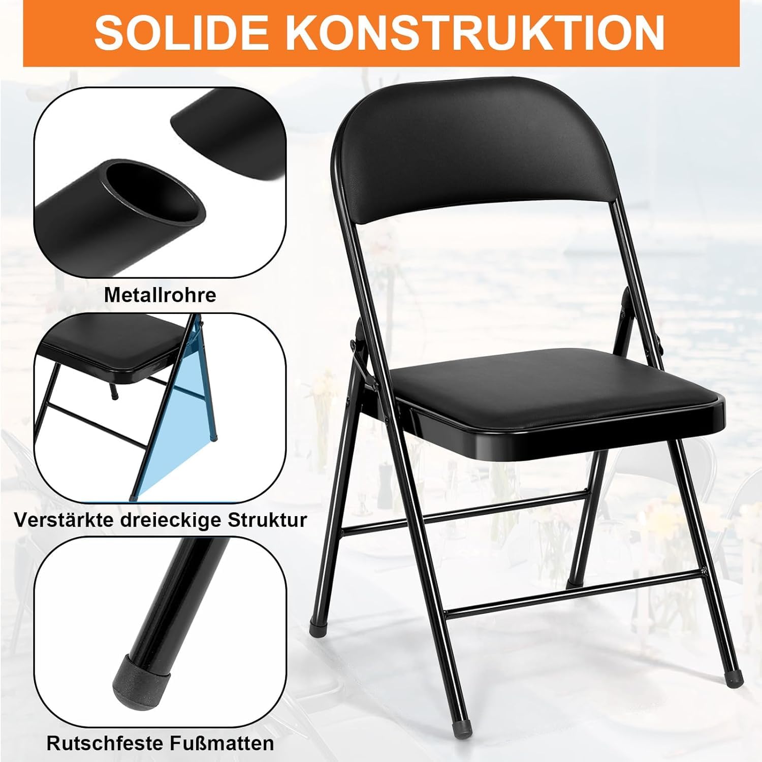 Set di 2 sedie pieghevoli, imbottite, con struttura in metallo e ecopelle, portata fino a 150 kg, ideale come sedie da cucina e sedie da giardino, colore nero