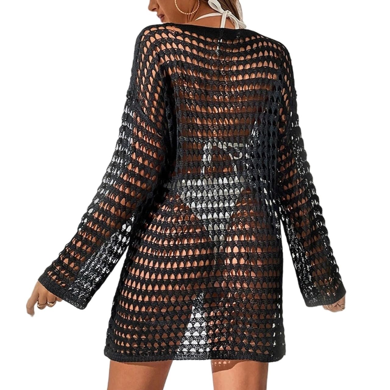 Strandkleid See Through Hollow Out Bikini Cover Ups Tops Women Beachwear Long Sleeve Beach Dress Crop Tops Crochet Swimsuit Cover-Up Strandkleider(White)