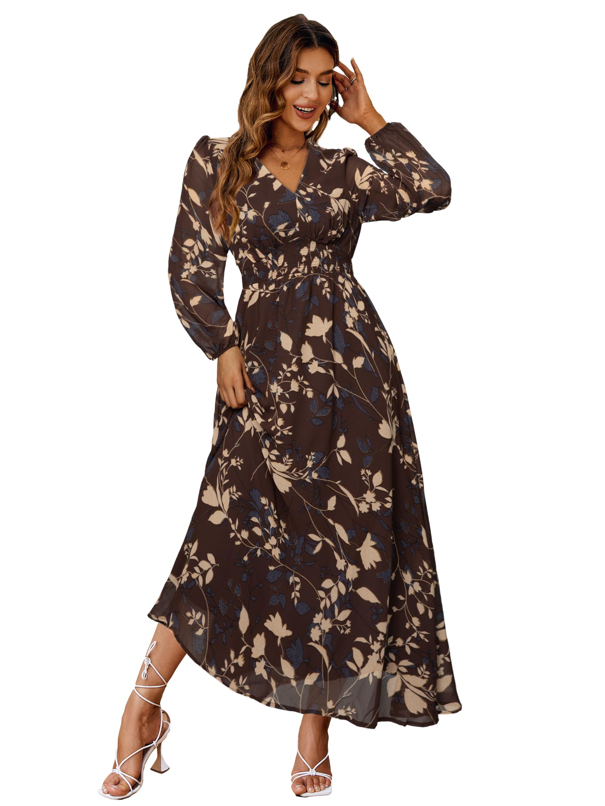 Simplee Women's Boho Floral Maxi Dress Flowy Casual V Neck Short Sleeve Wedding Guest Holiday Beach Long Dress