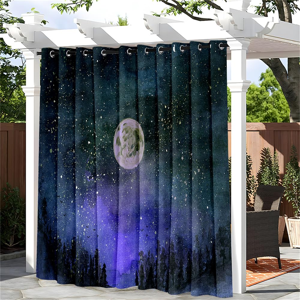 Hiseng Waterproof Outdoor Curtain for Patio Pergola, Sunshade Blackout Thermal Insulated Curtains with Eyelet Top for Garden, Gazebo, Porch, 1 PANEL, 3D Moon Starry Sky (Blue 9,52x72 in)