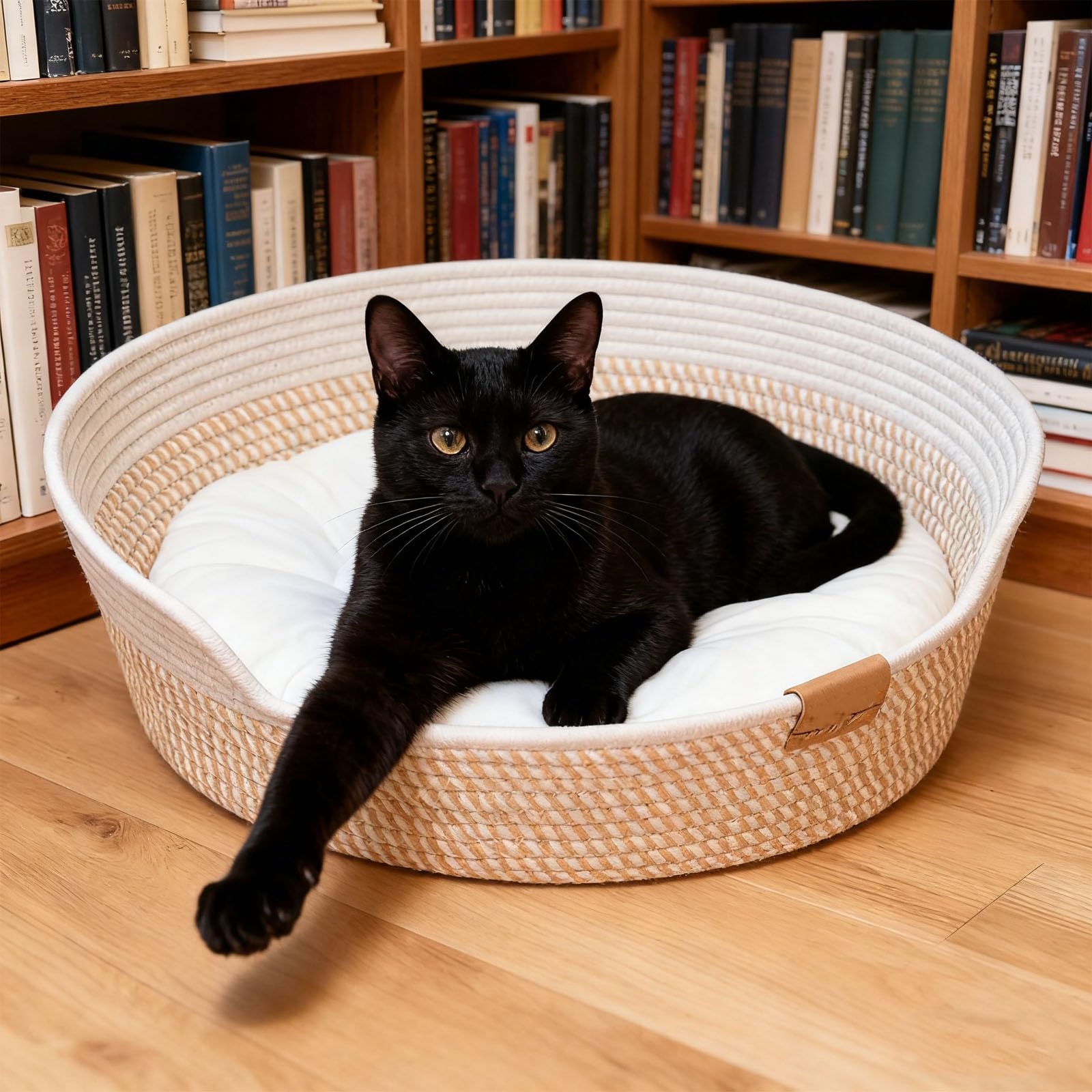 Cama para Gatos con Cojín y Cuerda de Algodón Tejida | Cesta de Gato Lavable Resistente al Desgaste, Camas para Gatitos de Interior, Cama Cálida Universal para Todas las Estaciones