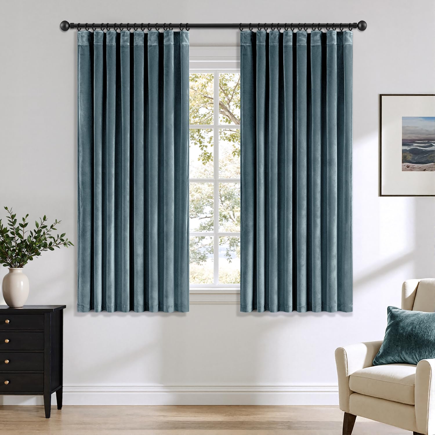 Photo 1 of Grayish Blue Velvet Curtains 45 Inches Long Blackout Thermal Insulated Soundproof Curtain Privacy Room Darkening Curtains Pinch Pleat Window Drapes for Bedroom Living Room 42 x 45 Inch Set of 2
